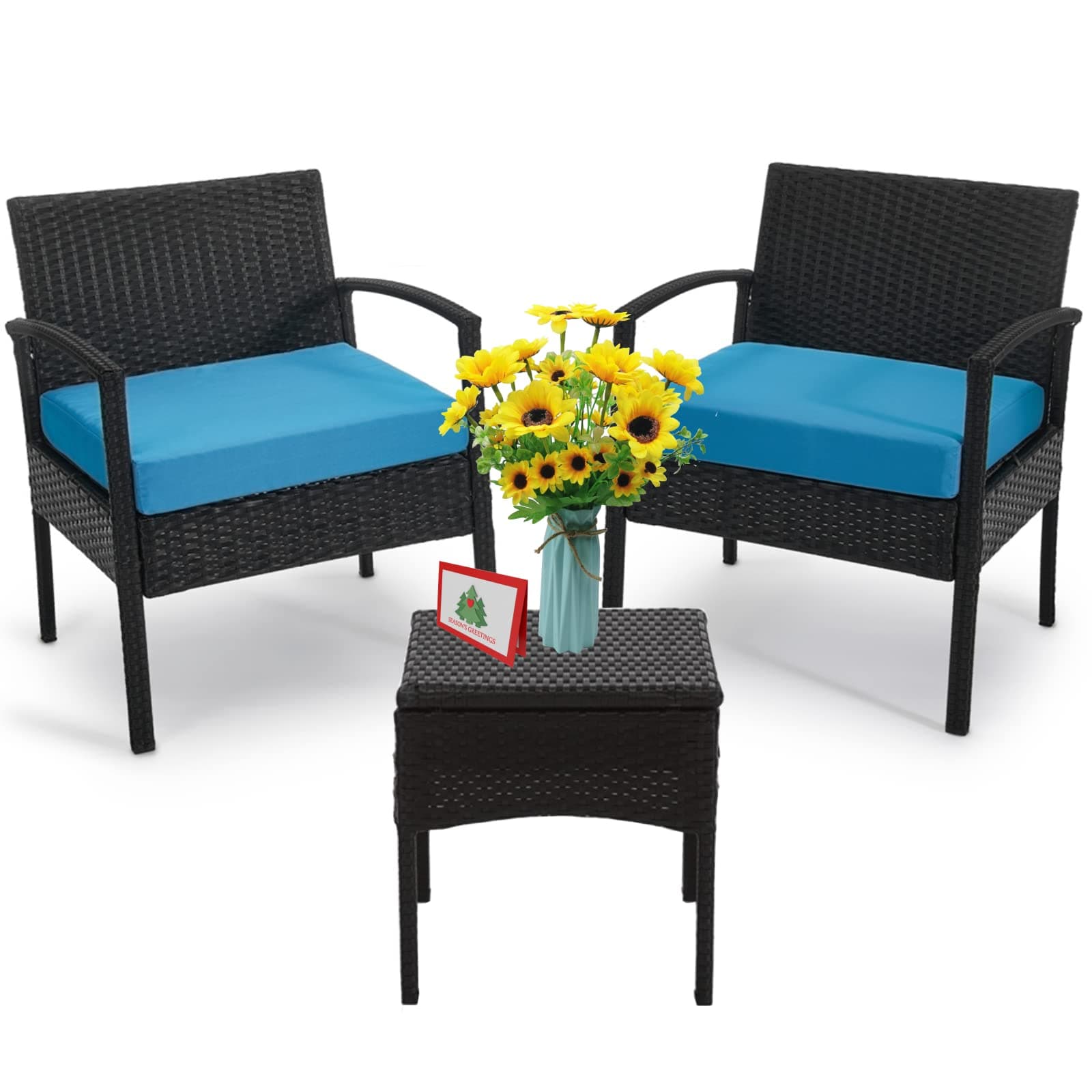 Outdoor Furniture 3 Piece Patio Bistro Set, Rattan Conversation Chairs Set with Side Table and Cushions, Porch Set Patio Furniture Set for Balcony Garden Yard, Blue