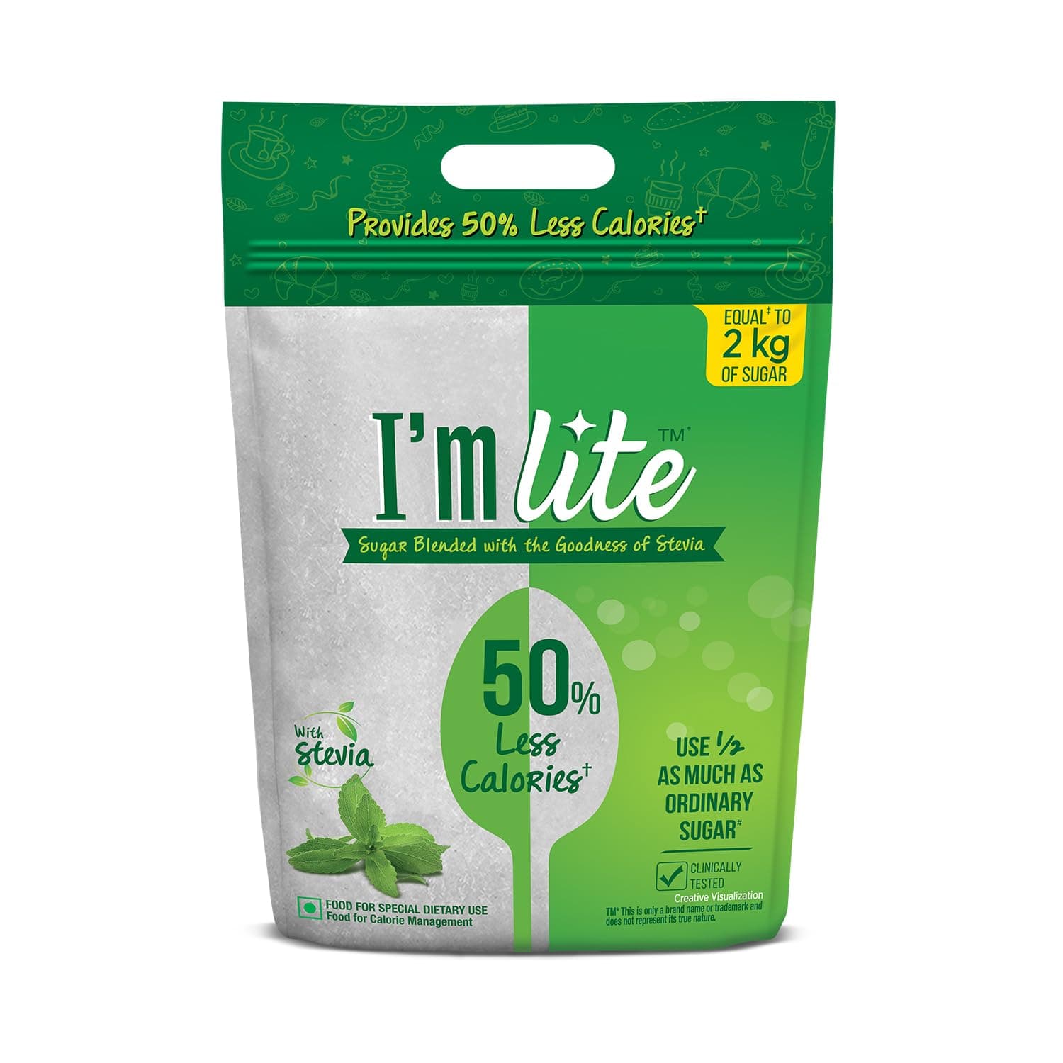 - I'm Lite - Sugar blended with Stevia, 50% less calories, 1 Kg Pouch