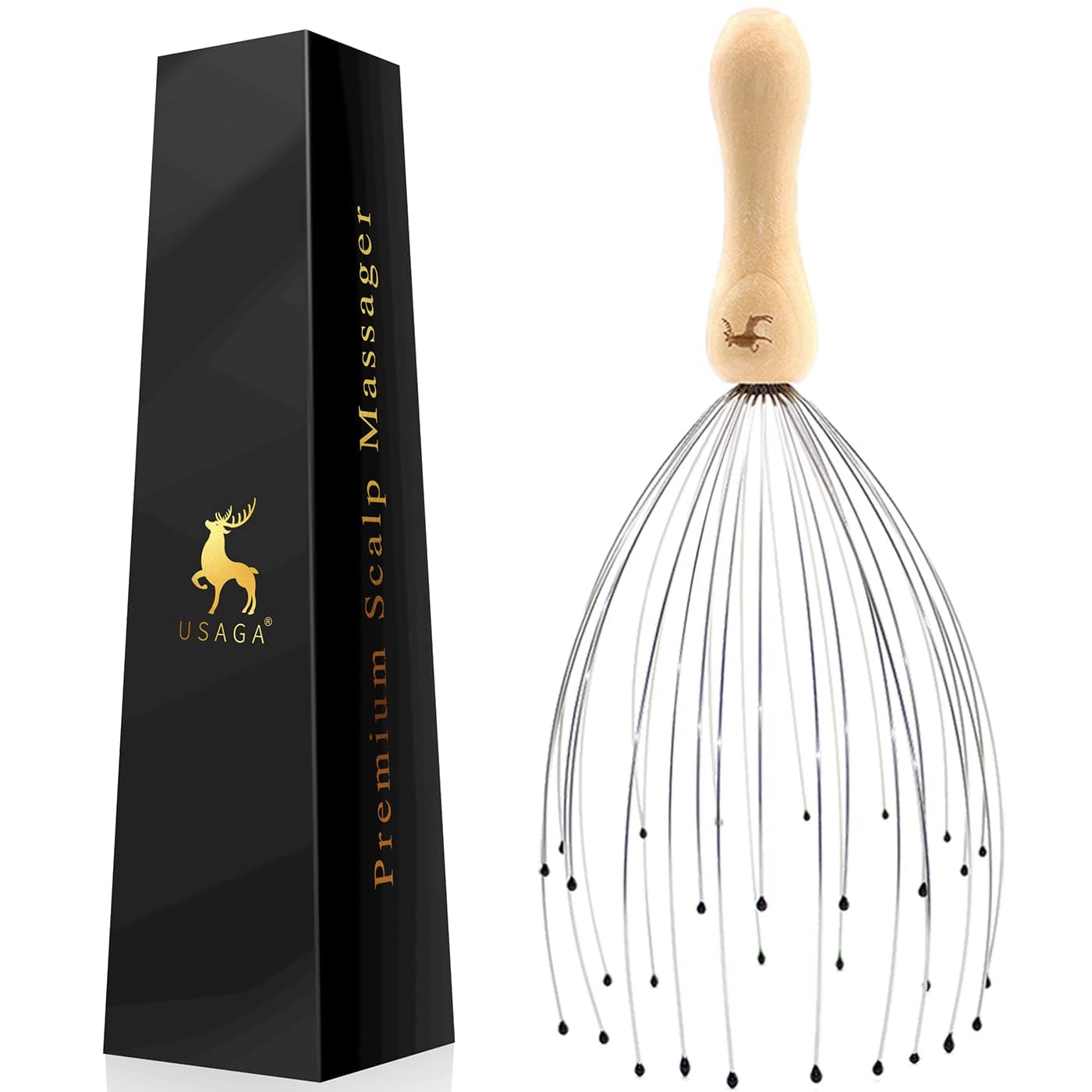 USAGA 32 Fingers Head Massager, Head Scratcher Scalp Massager, Stocking Stuffers Gift for Scalp Body Relaxing Wood Handle (1 Pack)