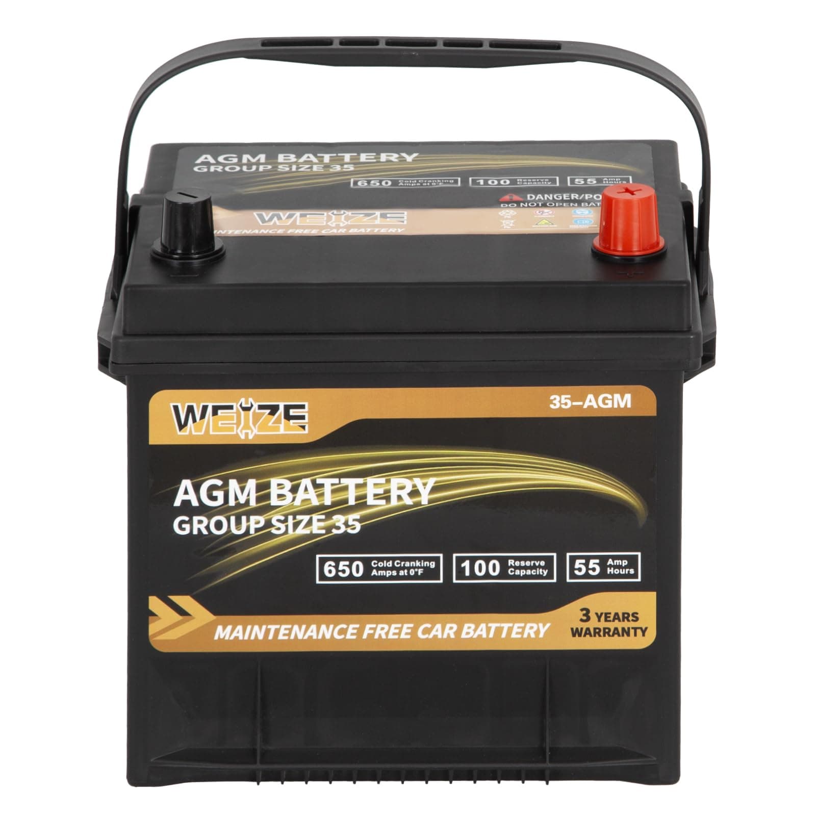 - Weize Platinum AGM Battery BCI Group 35 Automotive Battery, 100RC, 650CCA, 36 Months Warranty, Dimensions 9.06" L x 6.89" W x 8.82" H