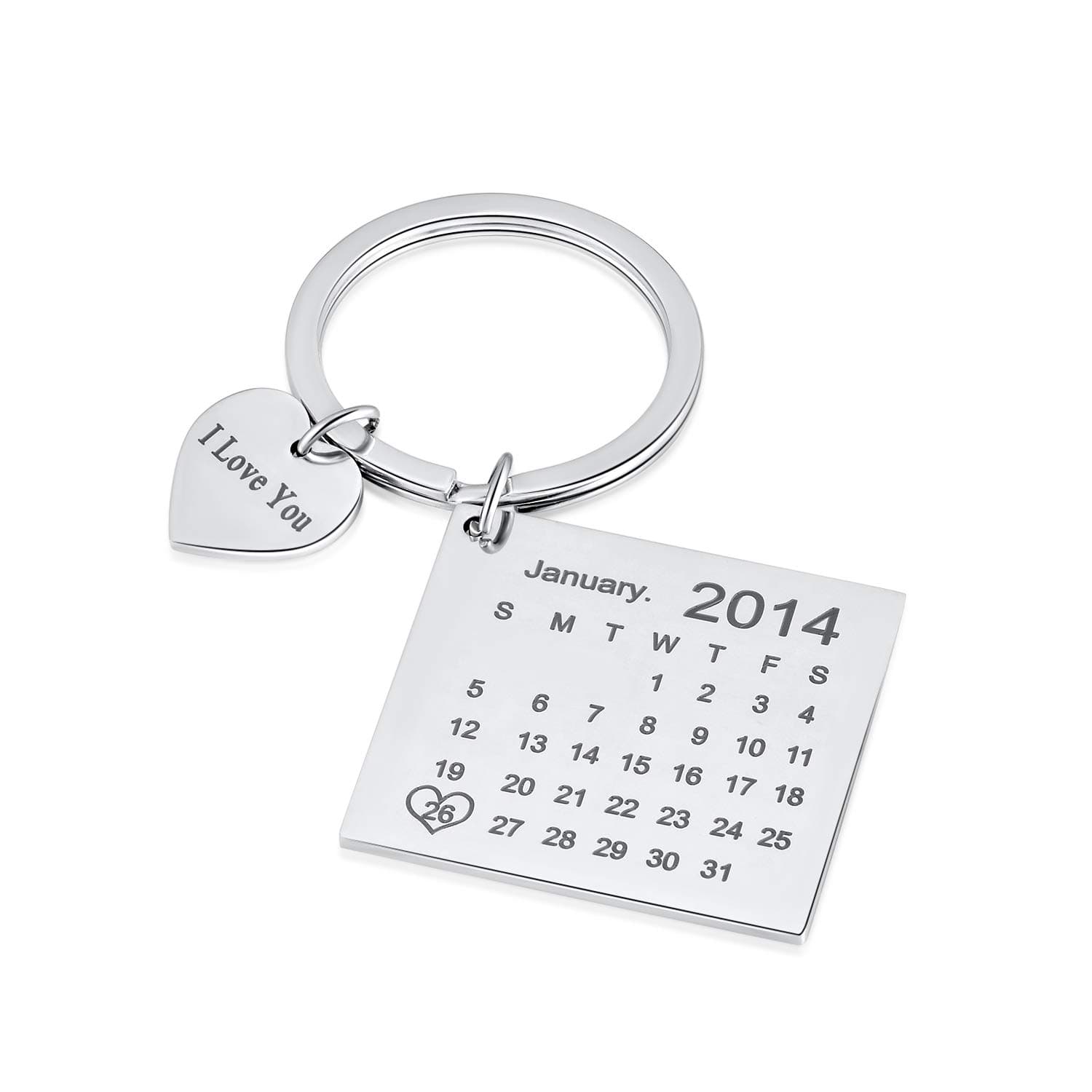 Personalised Custom Engraved Calendar Date Engraved Stainless Steel Keyring & Keychain Memorial Wedding Gift (Heart Silver)