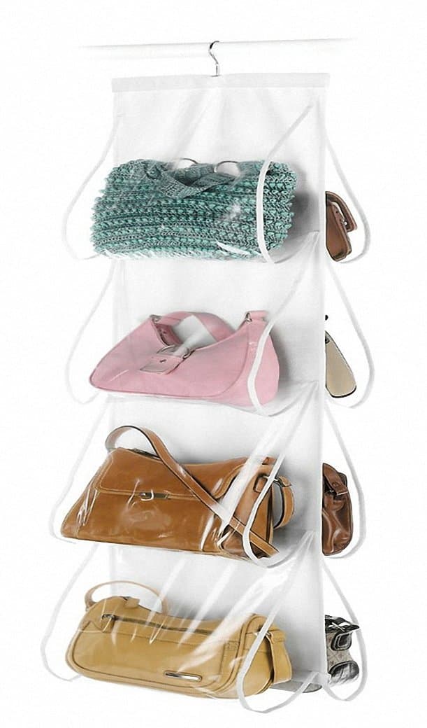 IDecHome Nylon PVC Hanging Handbag Organizer, 8 Pockets Closet Storage Purse Rack File, White