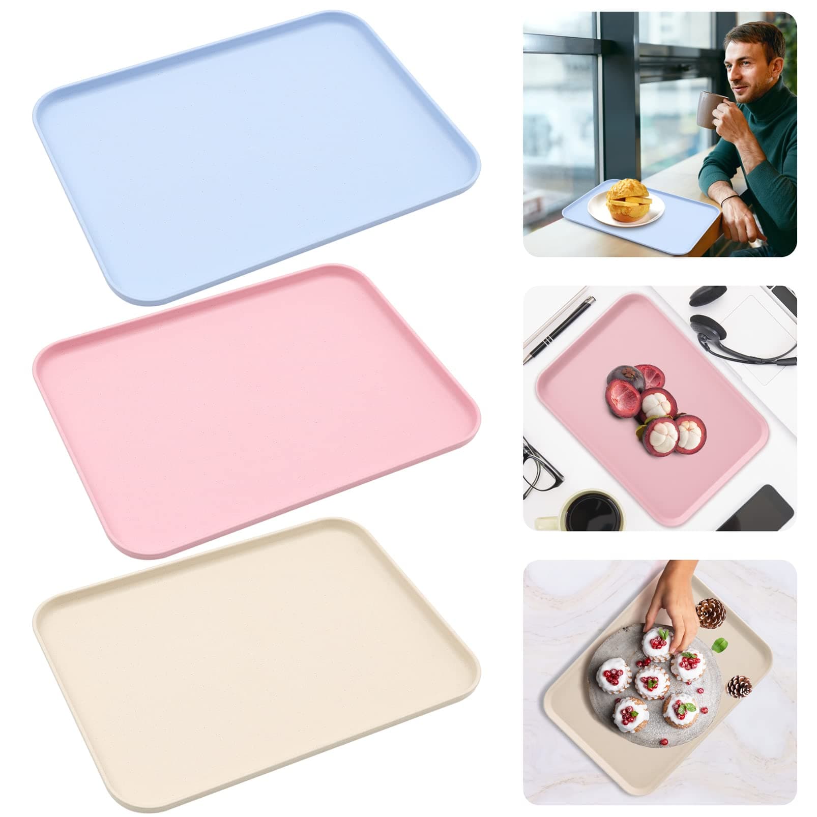 3 Pack Serving Trays, Rectangular Fast Food Trays, Food Drinks Trays Plastic Tray for Restaurant, Coffee Store, Kitchen, Party (Pink, Blue, Beige)