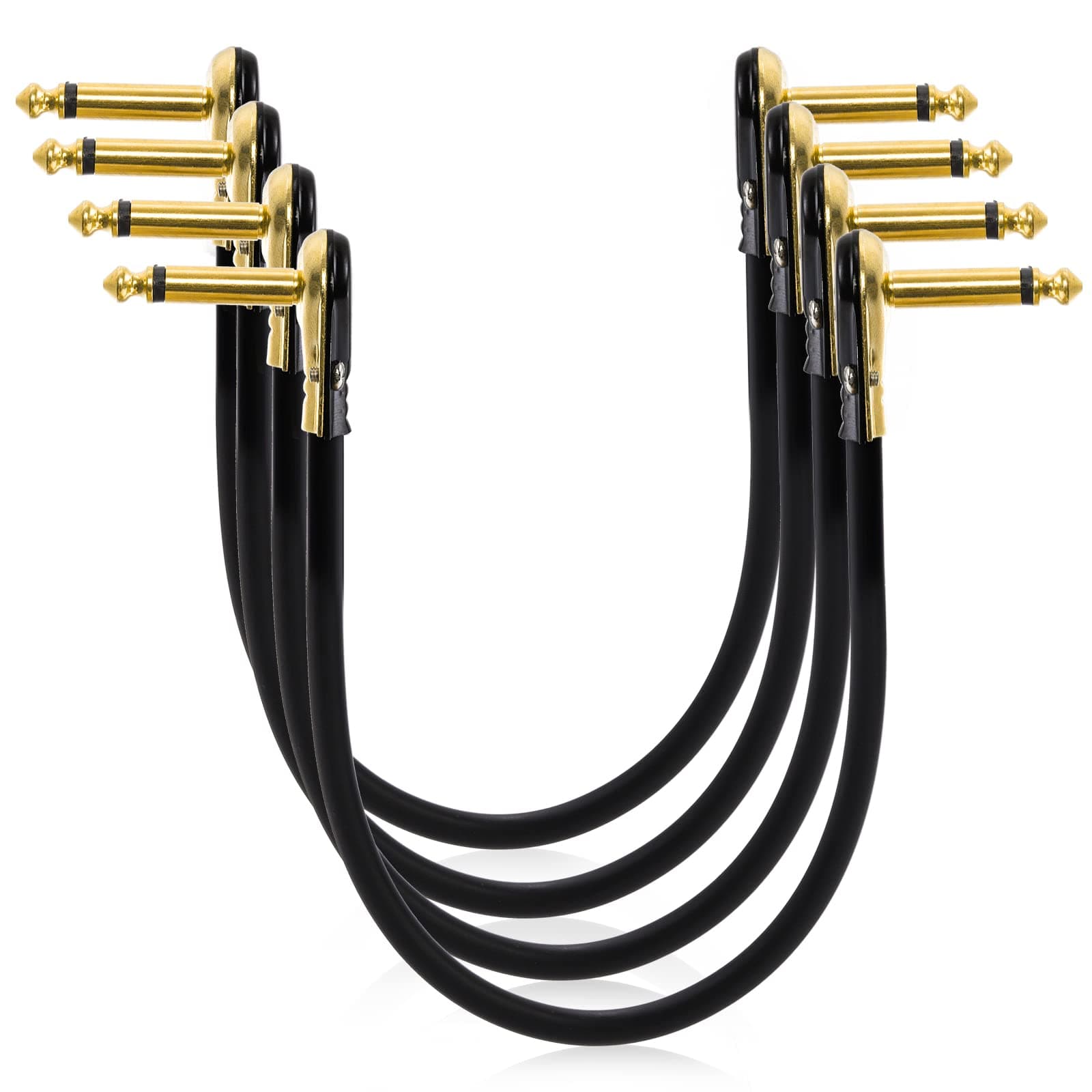 AVLA 4 Pack Guitar Patch Cables, 30cm/12 Inch Flat Low Profile Pedal Instrument Cable, 1/4" Right Angle Golden Pancake Connector for Effects Pedal Board, Guitar Accessories, Ultra Flexible and Durable