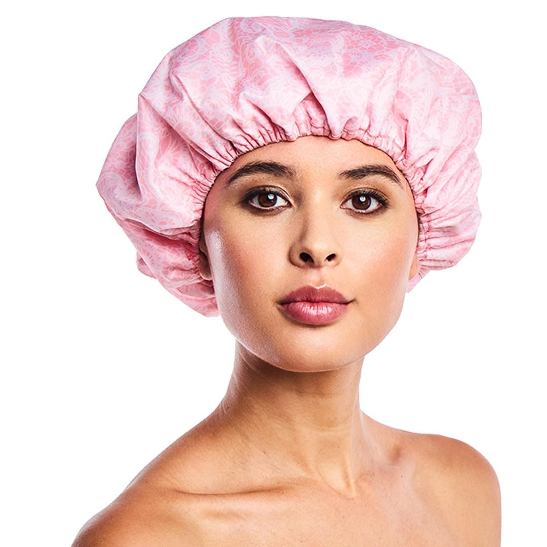 Reusable Nylon Shower & Bath Cap, Reversible Oversized Waterproof Shower Caps Large Designed for all Hair Lengths w Terry Lining & Elastic Band Stretch Hem Hair Hat - Socialite Pretty in Pink Lace