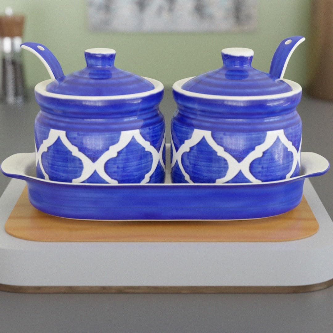 The Earth Store (Set of 2) 220 ML Each Handcrafted Ceramic Pickle Jar/barni with Lid, Tray and Spoon Moroccan Blue
