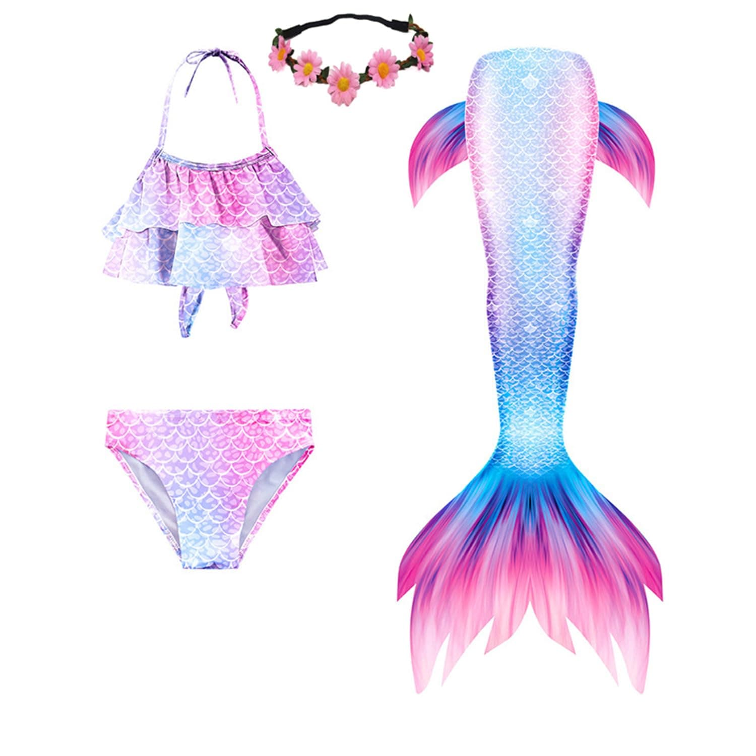 Kokowaii Fancy Girls' 2023 Swimming Mermaid Tail 3-4Years, 3 Sets/Top+Underwear+Dress