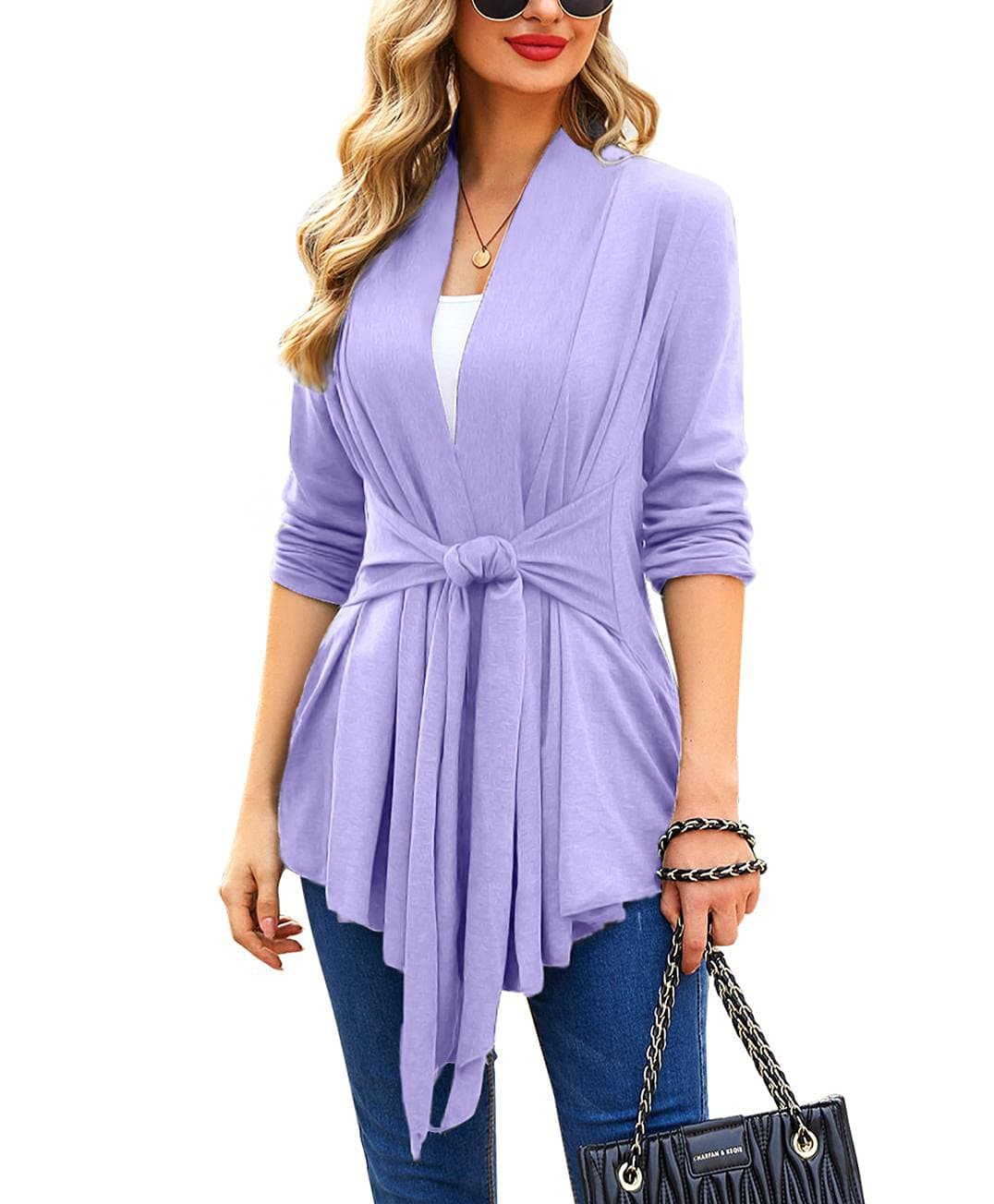 ACEVOG Women's Drape Front Open Cardigan Long Sleeve Oversized Cardigan Sweater Lilac