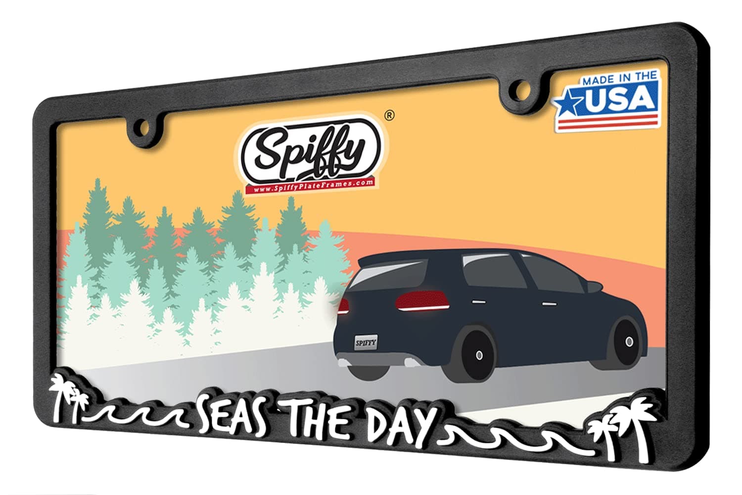 Beach License Plate Frame Seas The Day Plate Holder | Cute License Plate Frame Ocean Mermaid with Palm Trees | Beach Themed Tag Cover | Great Gift for Surfing Enthusiast | Made in The USA by SPIFFY
