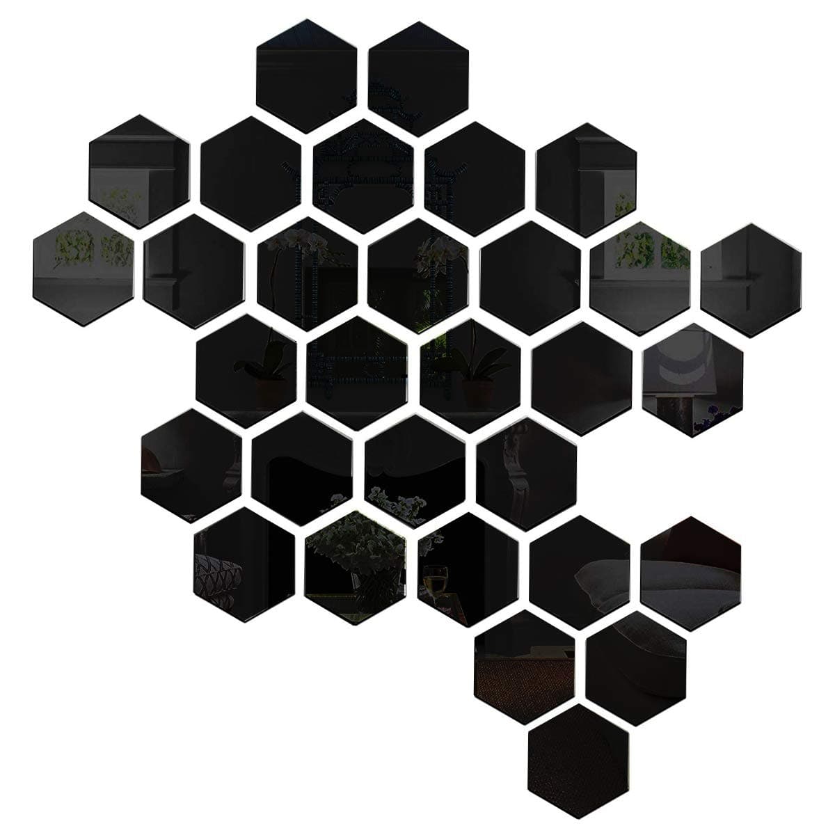 Wall1ders 31 Hexagon with 10 Butterflies Black (Each Hexagon Size 10.5 cm x 12 cm) Hexagon Mirror Wall Stickers, Mirror Stickers for Wall