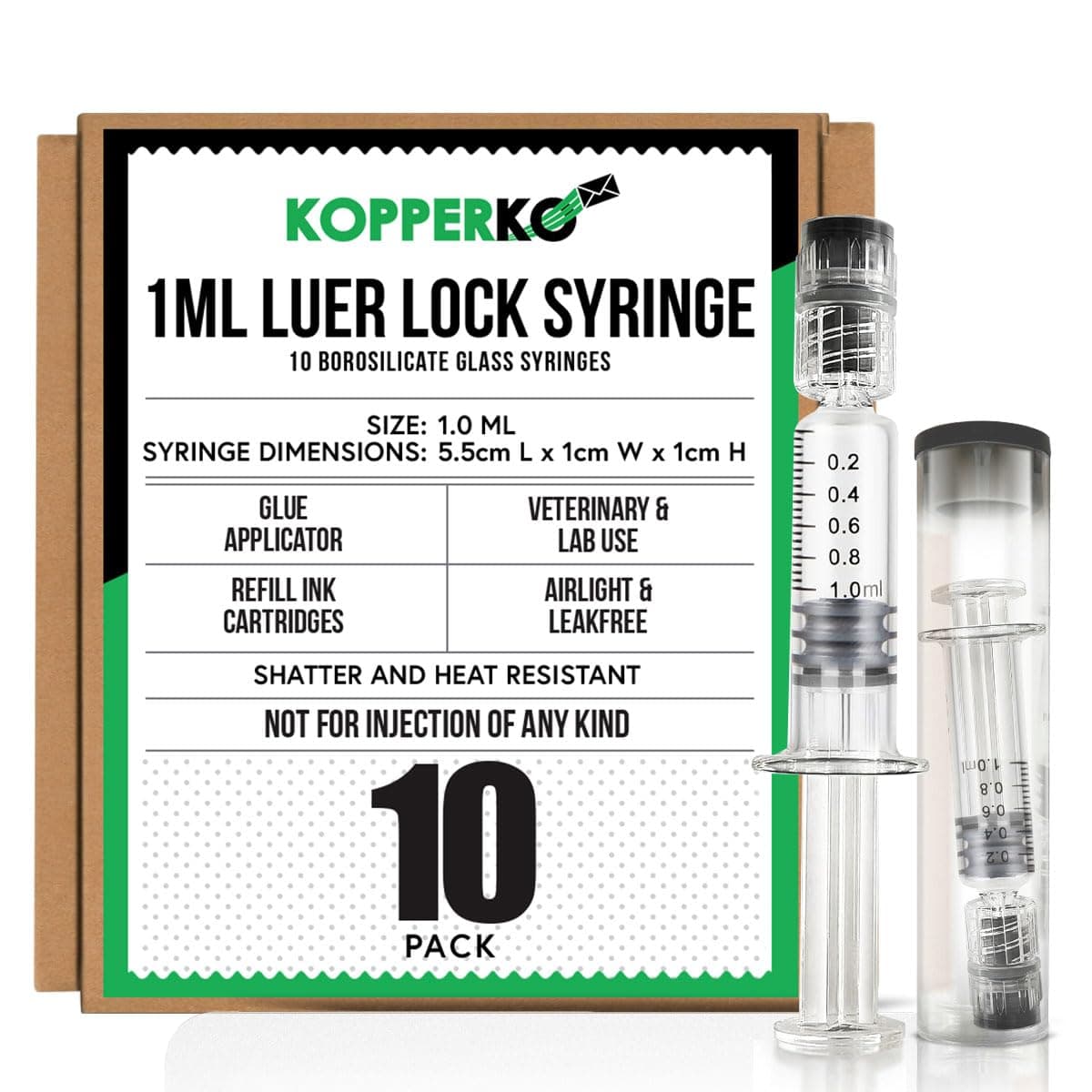 10 Pack Borosilicate Glass Syringe - 1ml, Heat Resistant Luer Lock, Non-Sterile, 10 Count