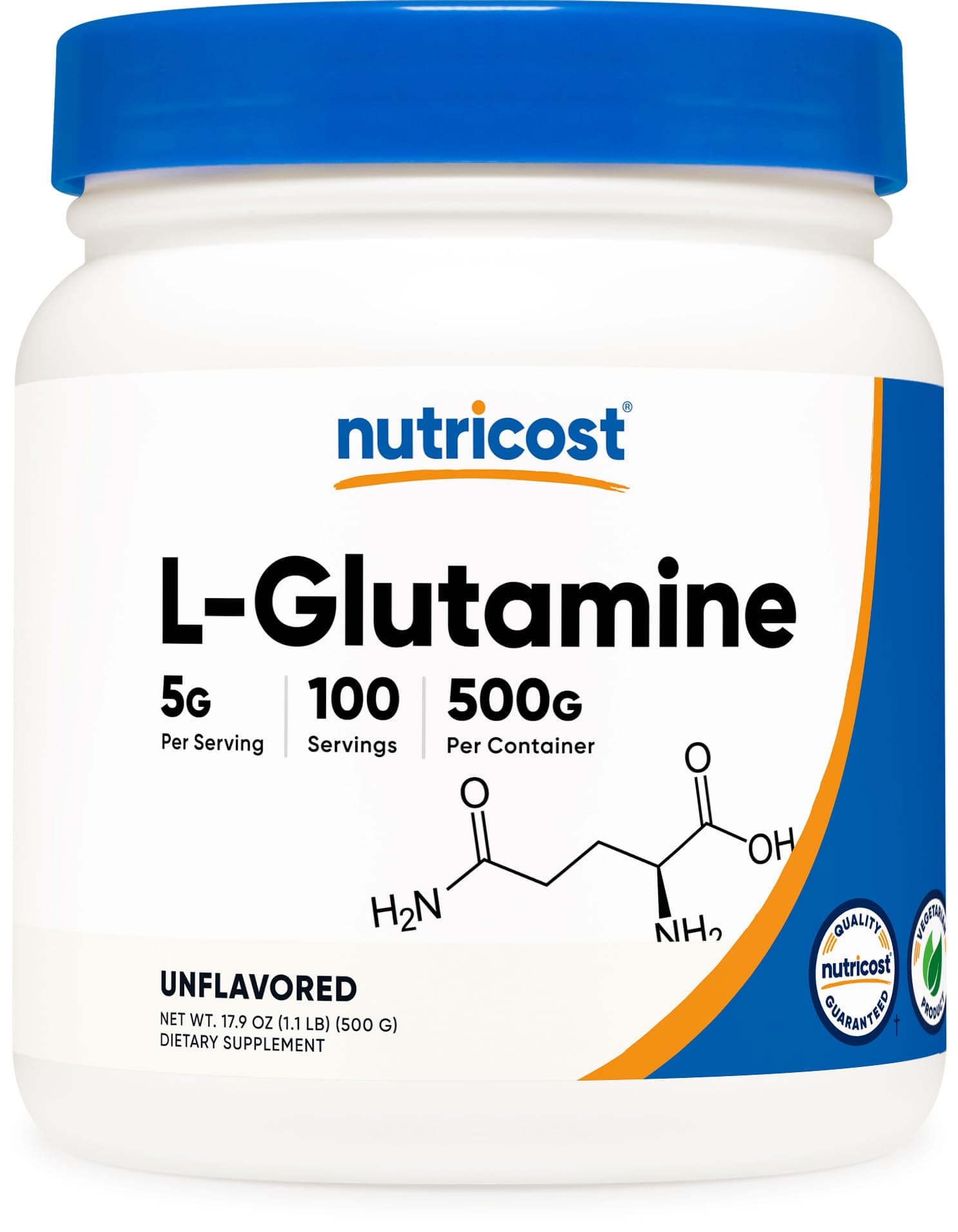L-Glutamine Powder (500 Grams) Unflavoured - Gluten Free & Non-GMO, 100 Servings
