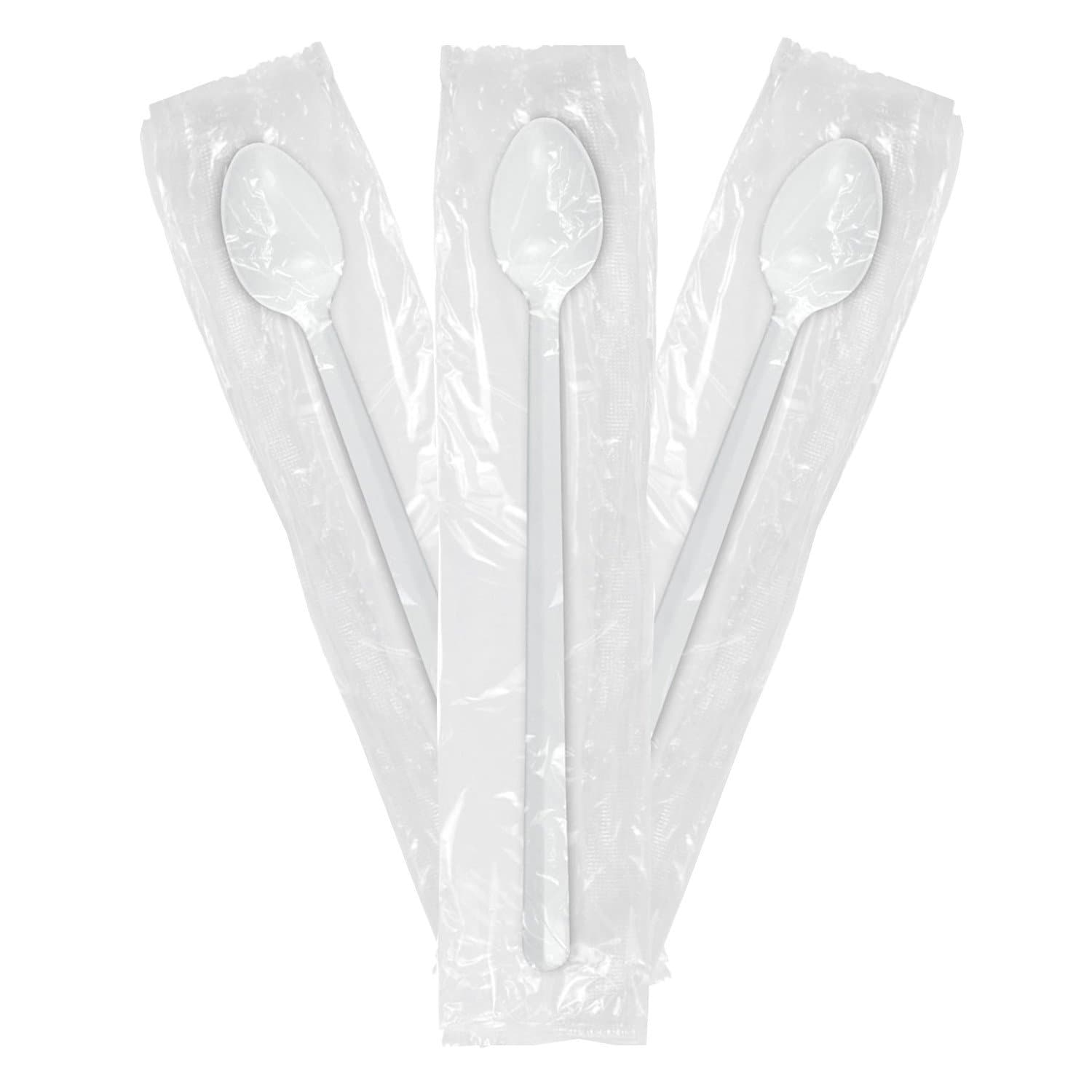 Medium Weight Wrapped-Plastic Disposable Long Shake | Ice Cream | Soda Spoons-White-100 pcs Value pack