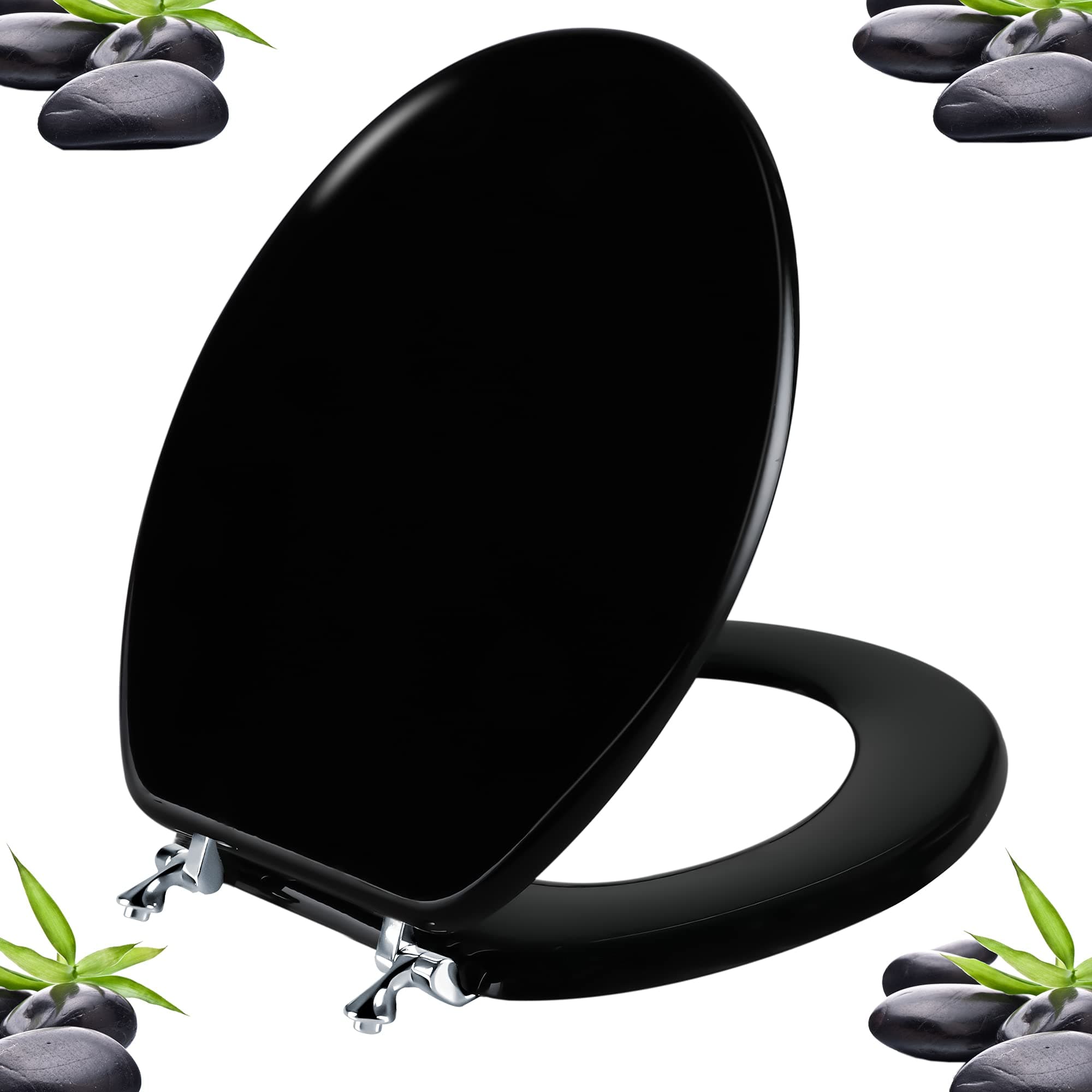 Angol Shiold Black Round Toilet Seat Natural Wood Toilet Seat with Zinc Alloy Hinges, Easy to Install also Easy to Clean, Scratch Resistant Toilet Seat (Round, Black)