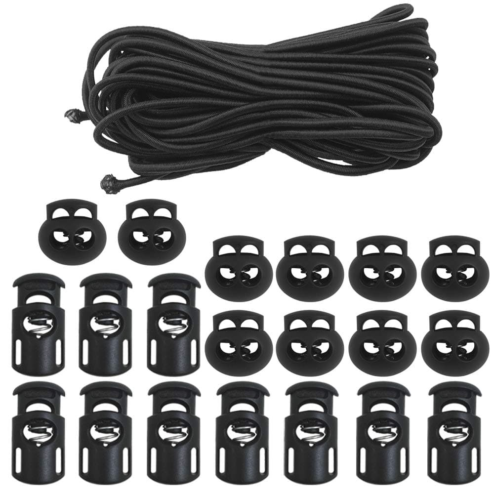 DaKuan20 PCS Plastic Cord Locks & Elastic Bungee Nylon Shock Cord 5/32" 50 ft Lengths, DaKuan 10 PCS Sing-Hole, 10 PCS Double-Hole (Black) End Spring Toggle Stopper Slider with Crafting Stretch String