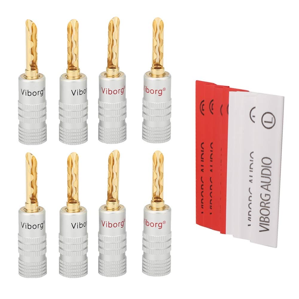 Viborg 4Pairs Hi-end Speaker Banana Plug Connectors 24K Gold-Plated HiFi Audiophile Speaker Banana Jack Terminals Dual Screws Locking or Soldering for Speaker Wires (Suit 8-16 AWG, with Tubing)