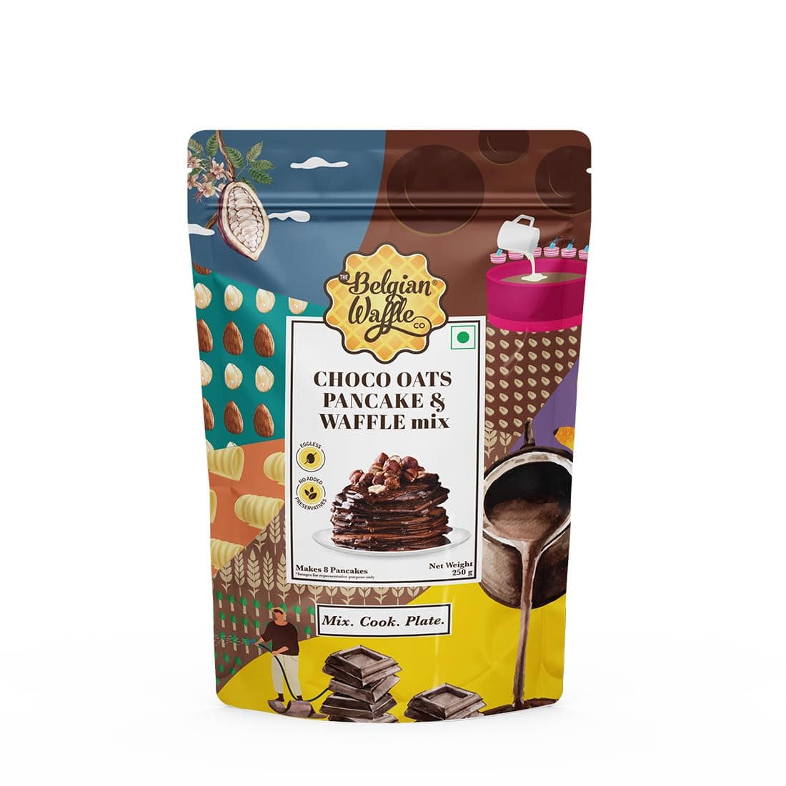 The Belgian Waffle Co Chocolate Oats Pancake & Waffle Premix, 100% Vegetarian & Eggless, No Added Preservatives and Organic Non Refined Sugar, Instant Breakfast Mix - 250gm (9 Pancakes Each,Pack of 1)