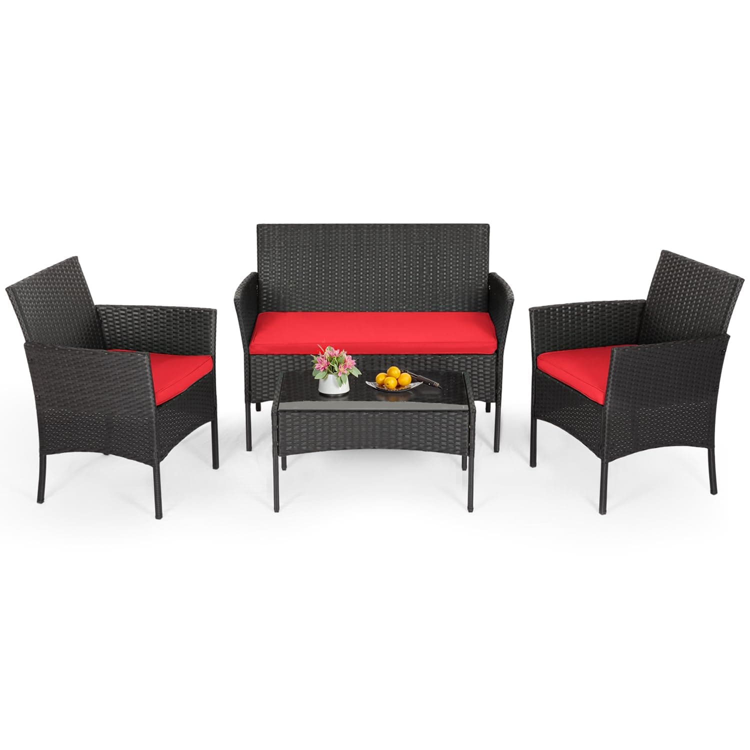 FDW Patio Furniture Set 4 Pieces Outdoor Rattan Chair Wicker Sofa Garden Conversation Bistro Sets for Yard,Pool or Backyard,Red Cushions