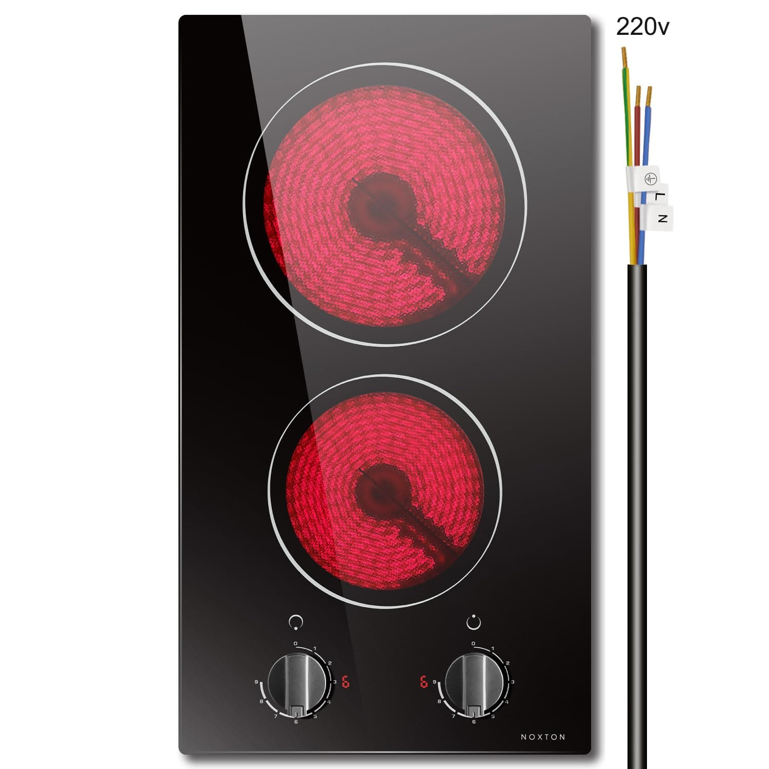 2 Burner Electric Cooktop, Noxton 12 inch Built-in Electric Stove Top, 3000W 220-240v Ceramic Cooktop with Knob Control 9 Heating Level, Hot Warning, Hardwired, No plug