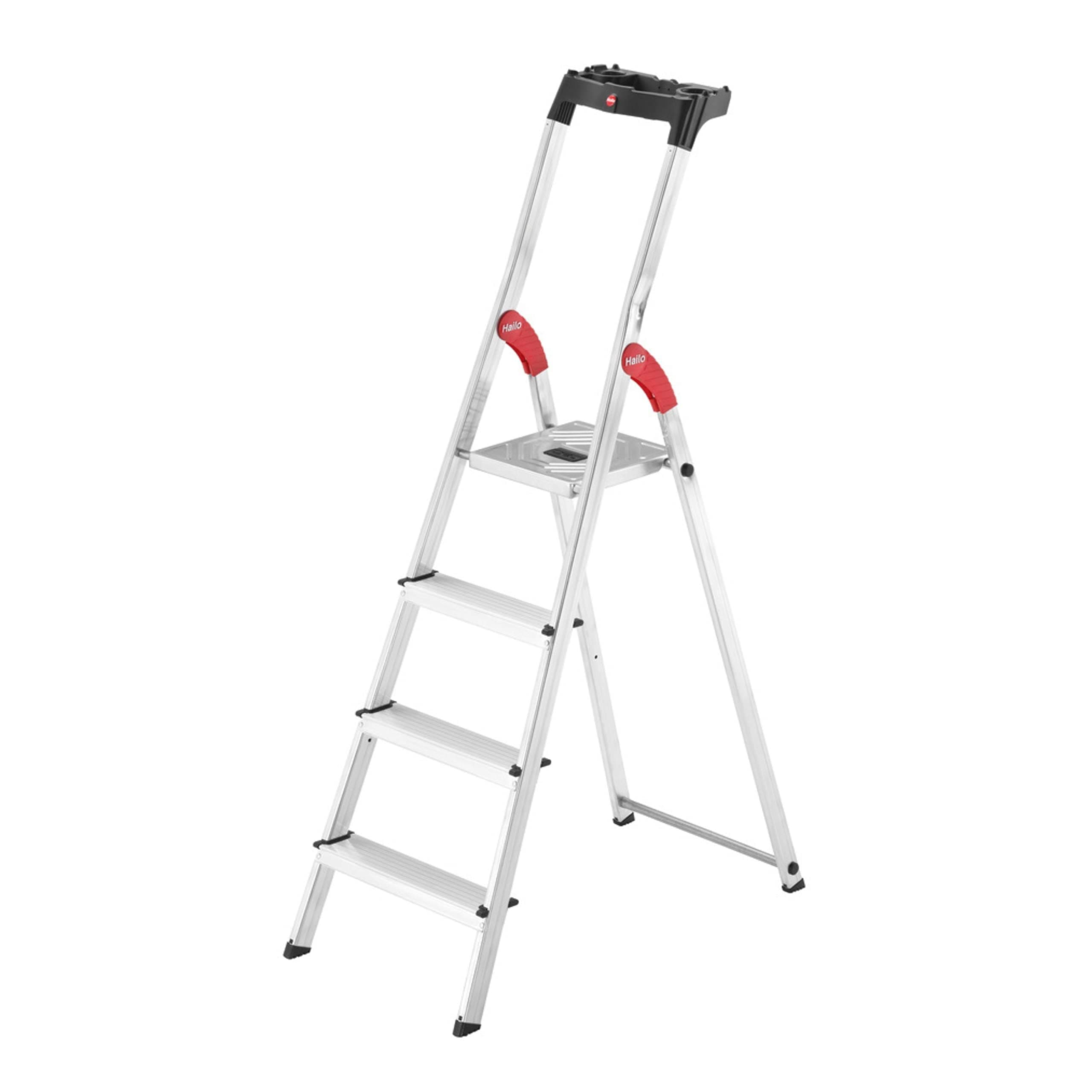 Hailo L60 StandardLine | Aluminum Folding Stepladder | Four Steps | Integrated Multifunctional Storage Tray | Stable tie bar Guide | Patented HAILO Hinge Protection | Rustproof | Silver 8160-427