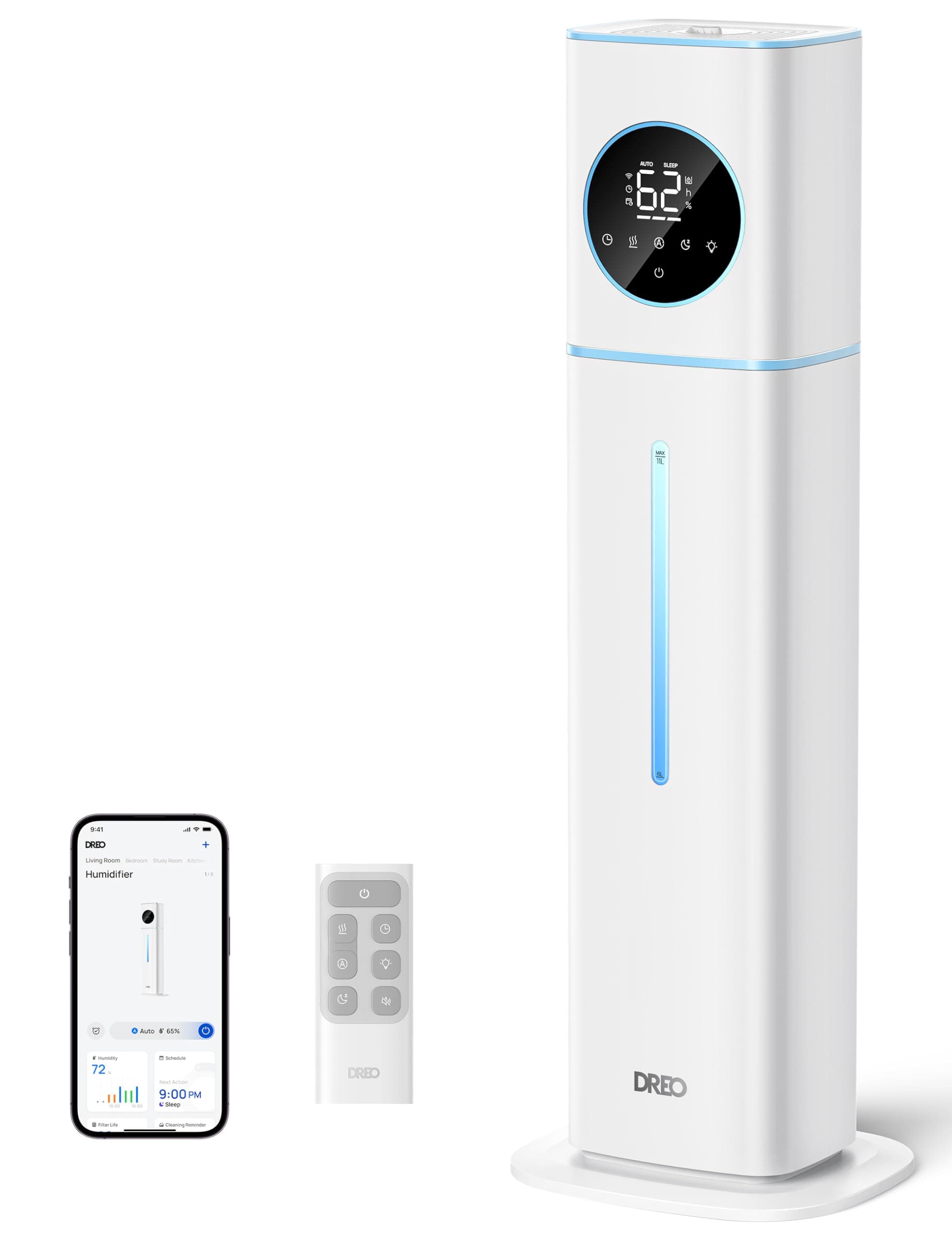 DREO HM735S 11L Smart Humidifier Large Room 700 ft², 100H Cool Mist Air Humidifiers for Bedroom, Top-Fill, Clean Tank Technology, 26dB, Auto Mode, Aroma Box, RGB, Remote & APP Control, Baby, Blue