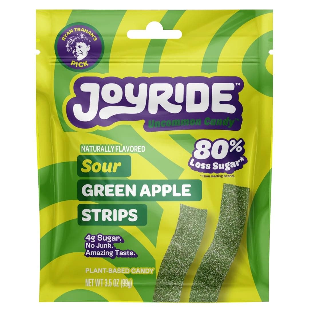 Sweets Candy Joyride Sour Candy Strips - 3.5oz-Gummy Candy, Candy Strips, Sour Candy, 80% Less Sugar, Plant-Based, Vegan (Sour Green Apple)