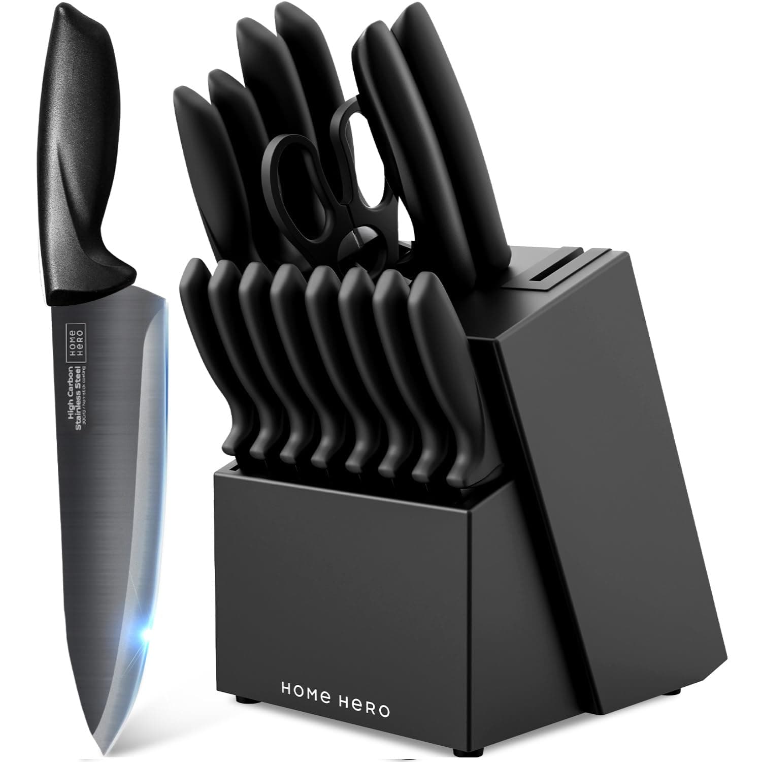 Home Hero Kitchen Knife Set - Wooden Knife Block Organizer - High Carbon Stainless Steel Blades - Ergonomic Handles with Built-In Sharpener & Kitchen Scissors - 16-Pc, Black