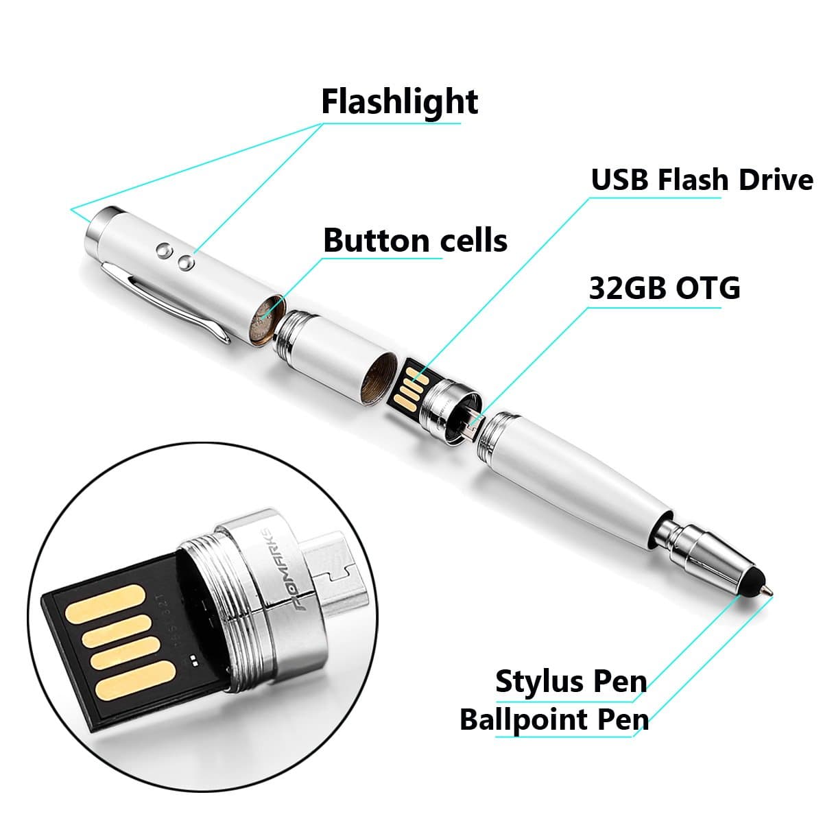 Pomarks 5in1 Multi-function Business Pen, 32GB USB OTG Flash Drive, Stylus Pen & Ballpoint Pen & FlashLight, Perfect for iPhone, Android Smartphone and Tablet (Ivory White)