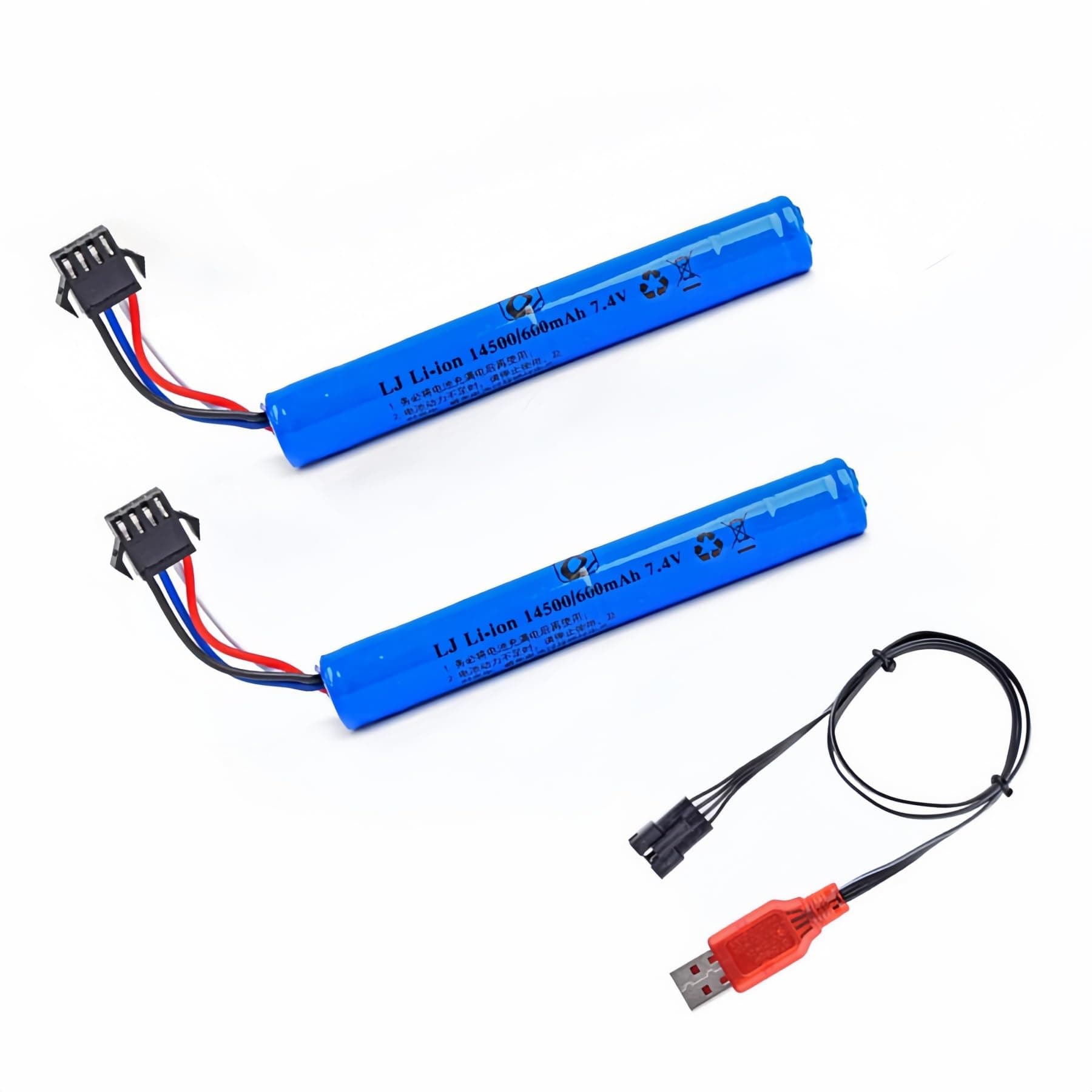 7.4V 600mAh 1450cell Li-ion Battery with SM-4P Plug and USB Charger for Airsoft Guns Gel Water Blaster