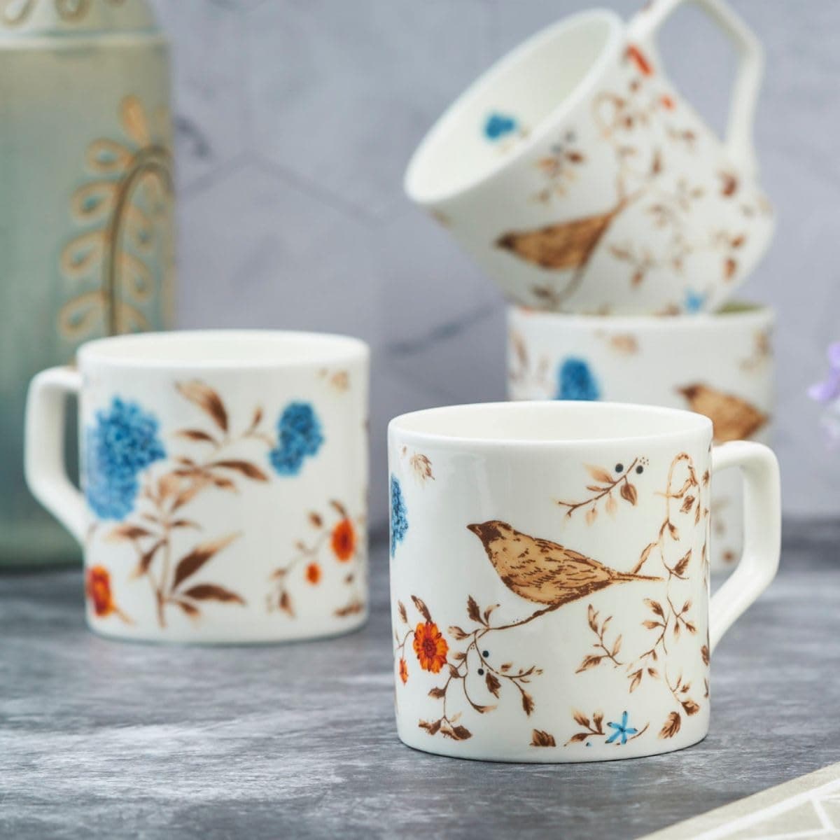 Bone China Microwave Safe Coffee & Tea Cups - Set of 6 | Perfect for Daily Use | 200 ml - Birdsong