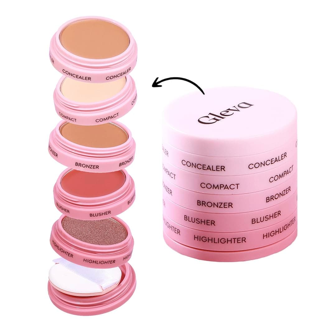 Gleva 5 In 1 Makeup stack WIth Concealer, Bronzer, Blusher, Compact & Highlighter Smooth & Blendable Formula - Travel Friendly, Quick & Easy to Use (Fair)