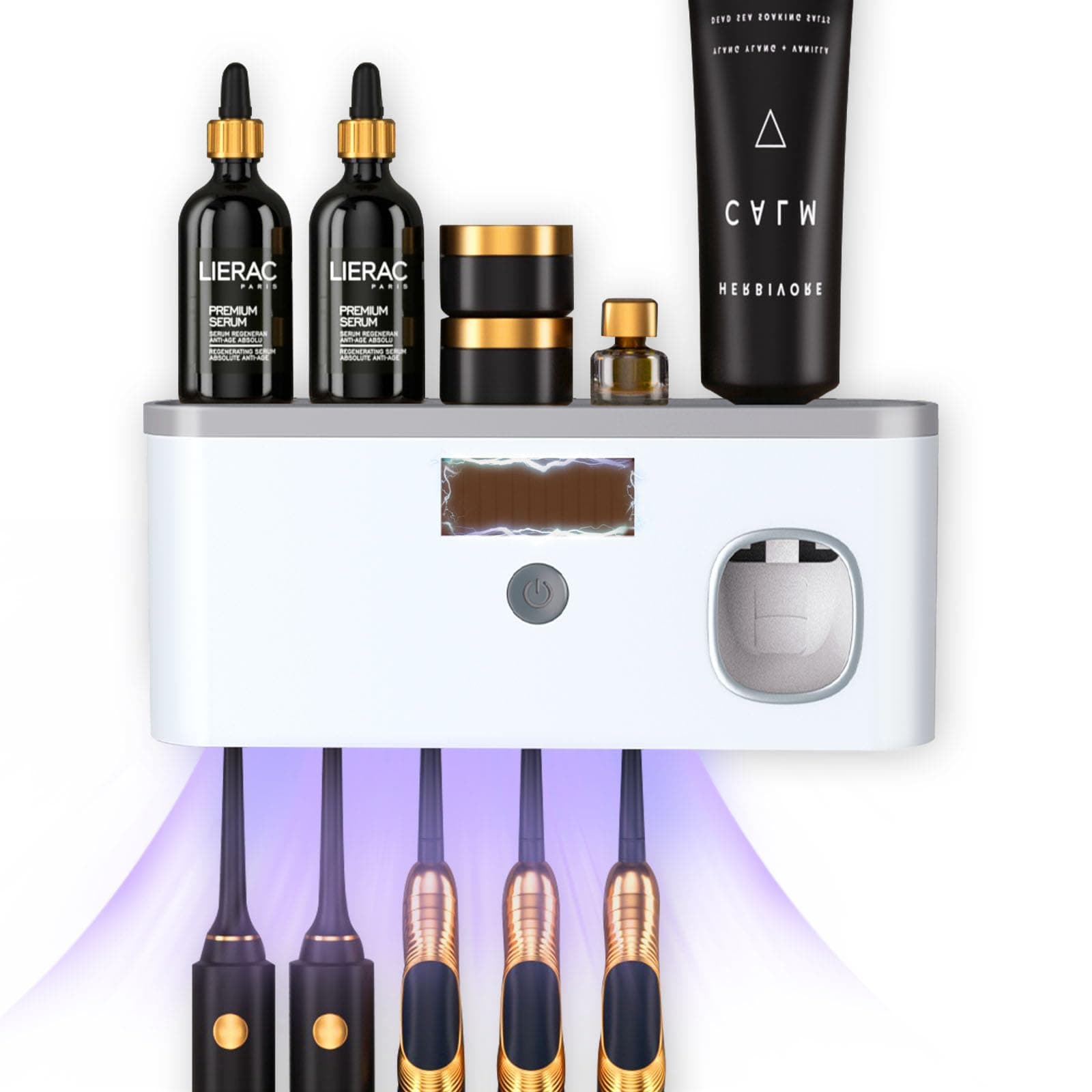 CPOTAM 壁掛け歯ブラシホルダー 歯磨き粉ディスペンサー付き 電動歯ブラシホルダー 浴室ソーラー充電用 ドリル不要 スマート歯ブラシオーガナイザー ブラシスロット5個付き