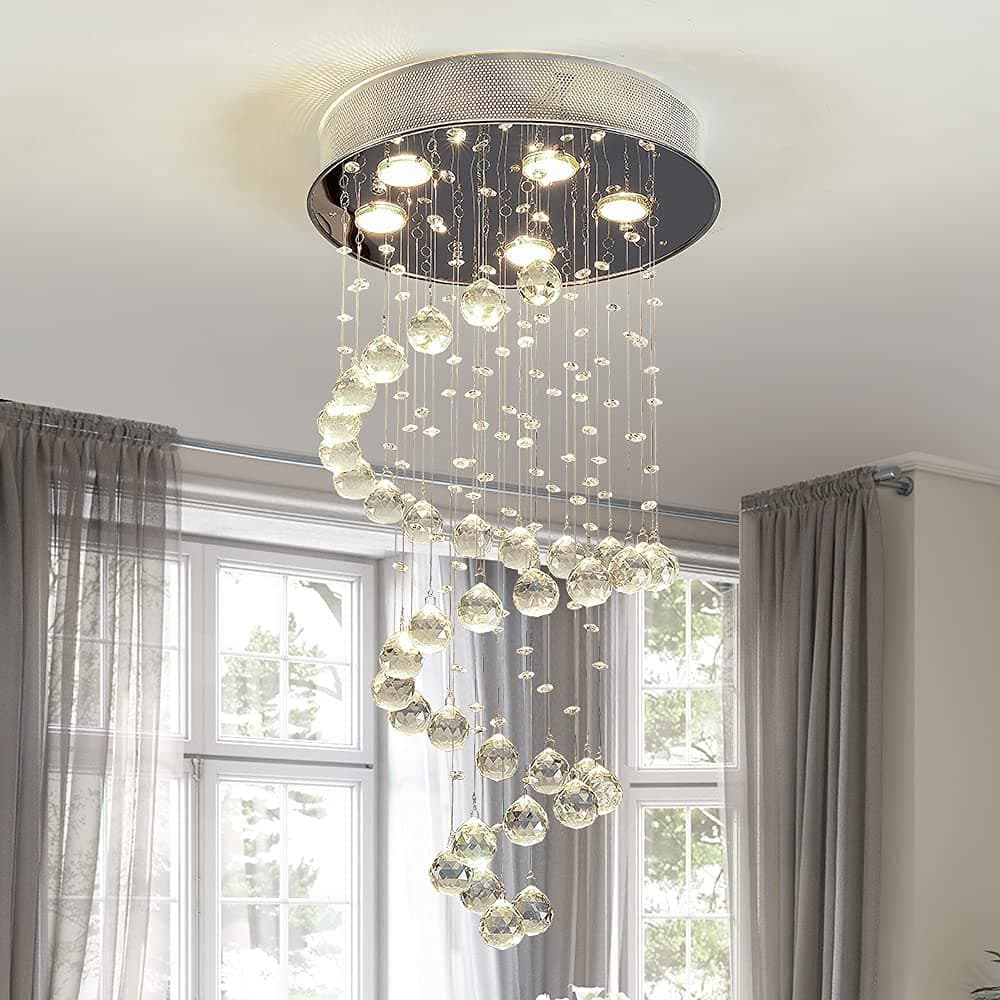 Maxax Spiral Crystal Raindrop Chandelier, 5 Lights Modern Flush Mount Round Pendant Lighting, K9 Clear Ball Ceiling Light Fixture, for Living Room, Bedroom, Dining Room, Hallway,Stairway