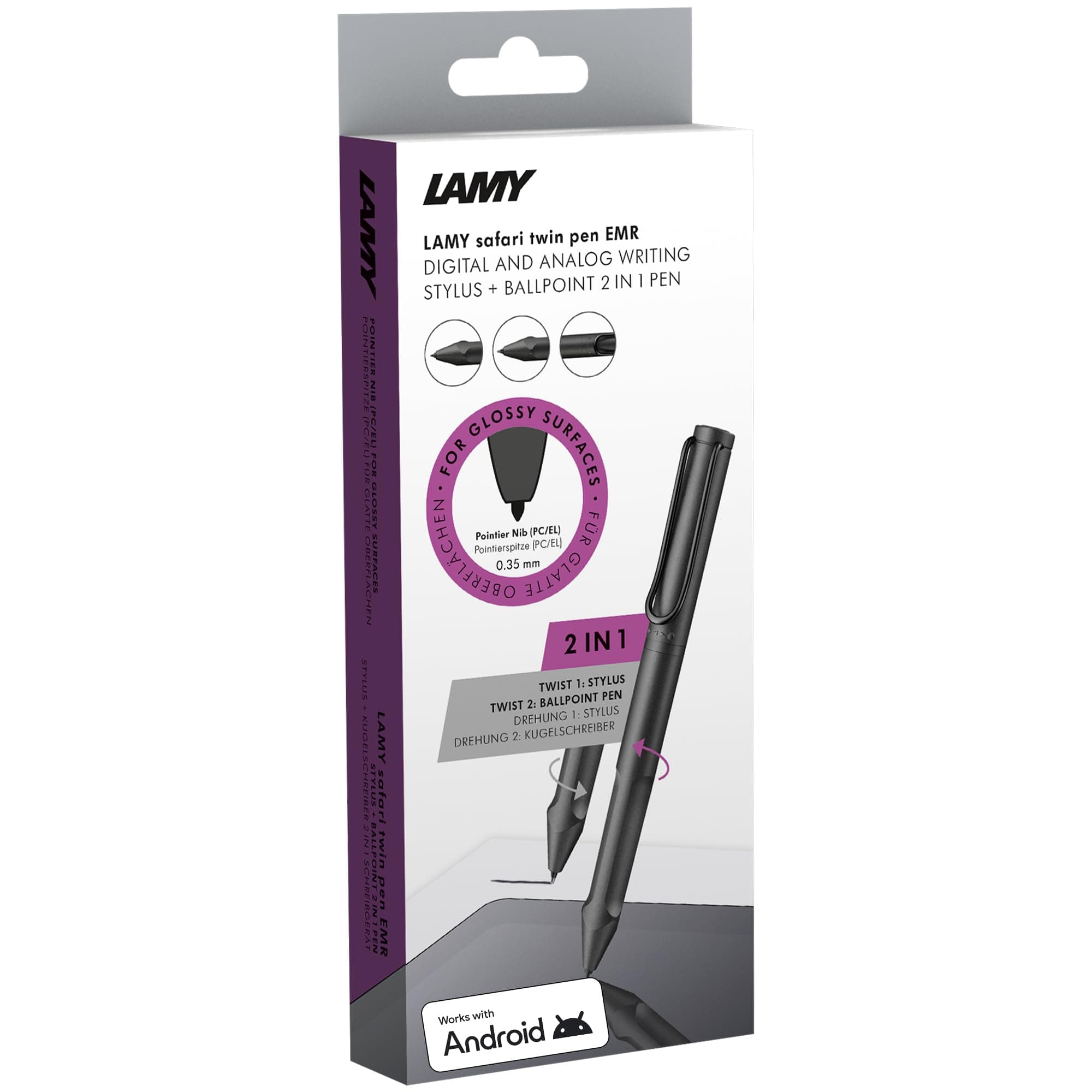 safari twin pen EMR all black (PC/EL tip) - 2-in-1 stylus pen for many Android devices & ballpoint pen in one - with ergonomic grip - writing & drawing on digital media & paper