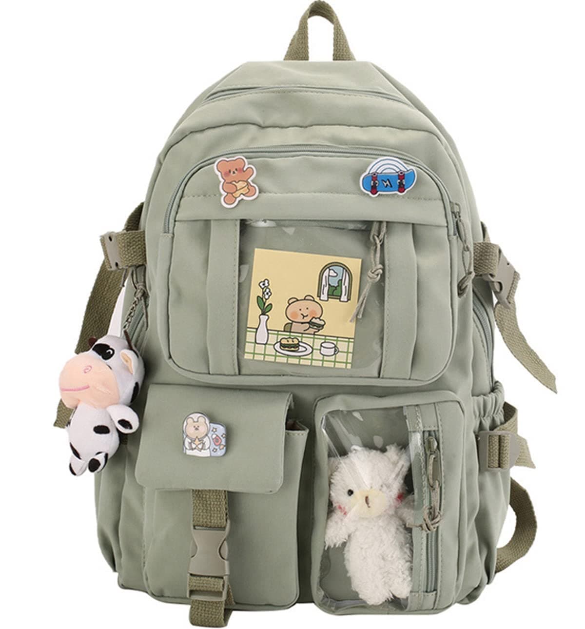 Kawaii Backpack Cute School Backpack Aesthetic Bookbags with Kawaii Pin Accessories for Teen Girls Green