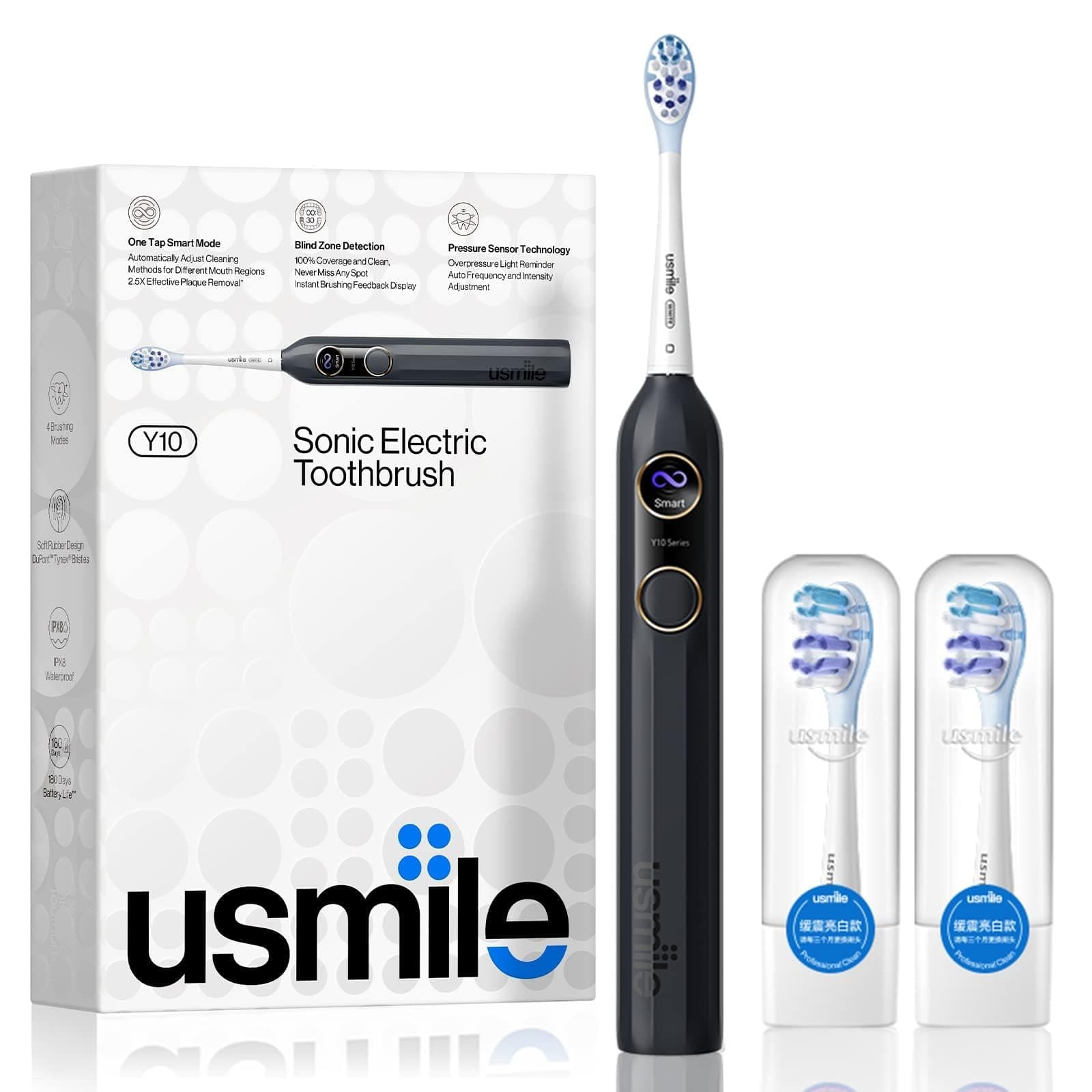 usmile Y10 Sonic Electric Toothbrush - Feedback Display, 4 Brushing Modes, Soft Rubber Brush Head, IPX8 Waterproof, 6 Months Battery Life, Smart Mode, Blind Zone Detection and Pressure Sensor (Black)