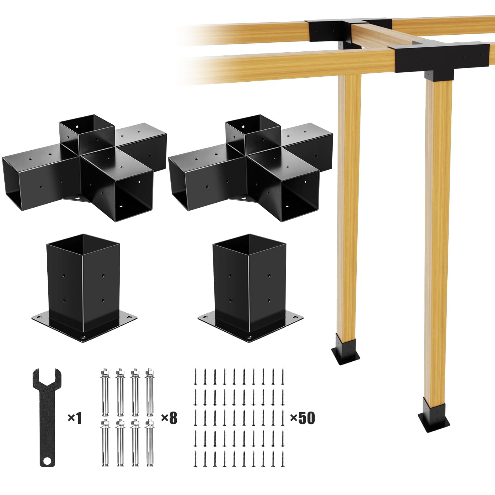 Panghuhu88 4x4 Pergola Kit, Pergola Brackets Base Kit, Woodworks DIY Post Base Kit with 2pcs 4-Way Brackets and 2pcs Bases for Gazebos, Patio Pergolas