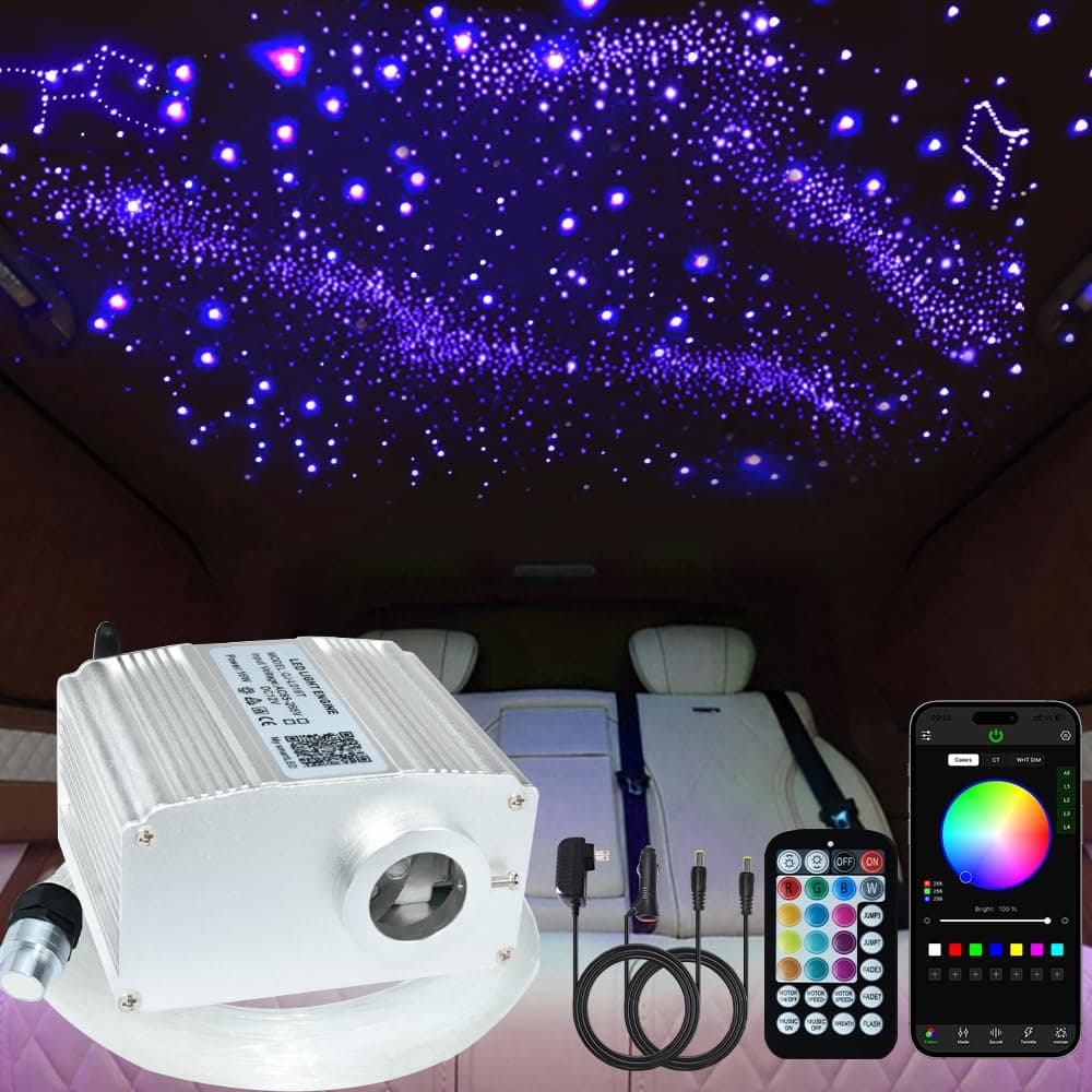 FIREWORK Starlight Headliner Kit, Fiber Optic Lights 10W RGBW Twinkle+Music Effect+APP+Remote, Long-Lasting Durability, 360pcs 9.8ft/3m 0.03in/0.75mm Fiber Cable for Star Lights for Car & Home Ceiling