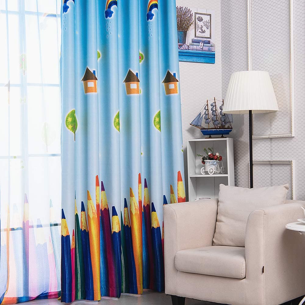 AiFish 1 Panel House Sun Rainbow Tree and Paintbrush or Colored Pencils Printing Kids Room Blackout Curtains Grommet Top Room Darkening Window Curtain Drape Panels for Preschoolers W39 x L96 inch