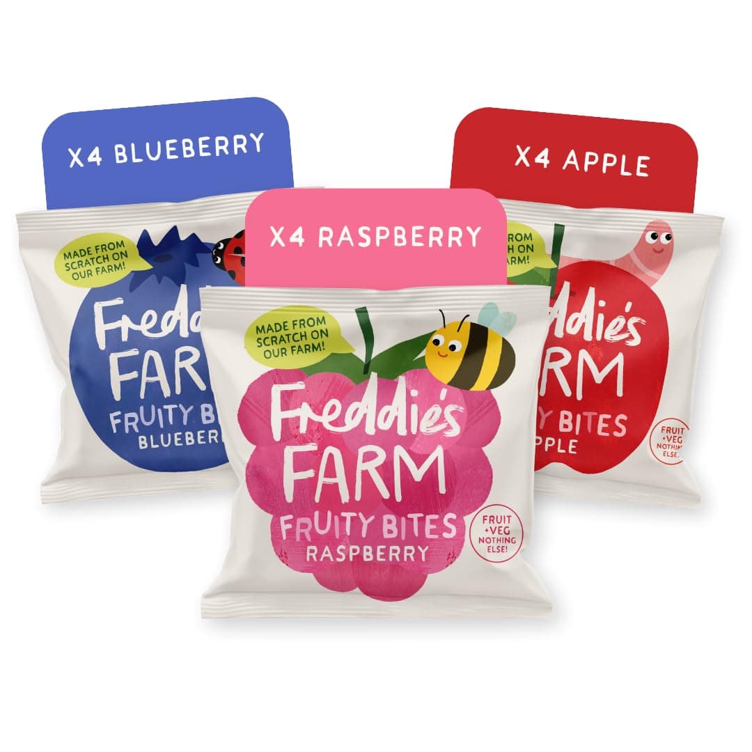 Freddieโs Farm Kids Snacks | Fruit Snacks Multipack - Raspberry, Blueberry, Apple Bites | Lunchbox Snacks For Kids | 100% Fruit & Veg | UPF Free, Recyclable Packs & Made in the UK | 12 x 20g Bags