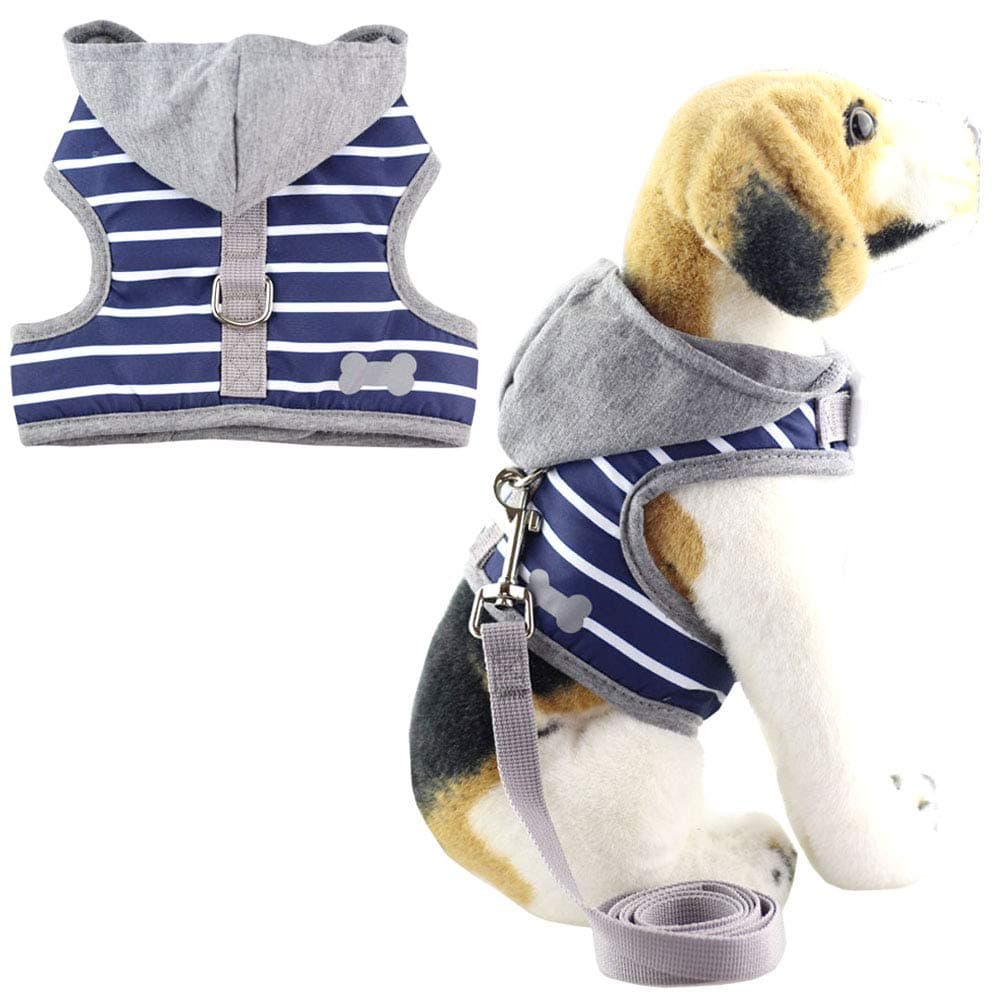 Bolbove Soft Pet Bone Stripe Vest Harness and Leash Set with Grey Hood for Cats Small Dogs