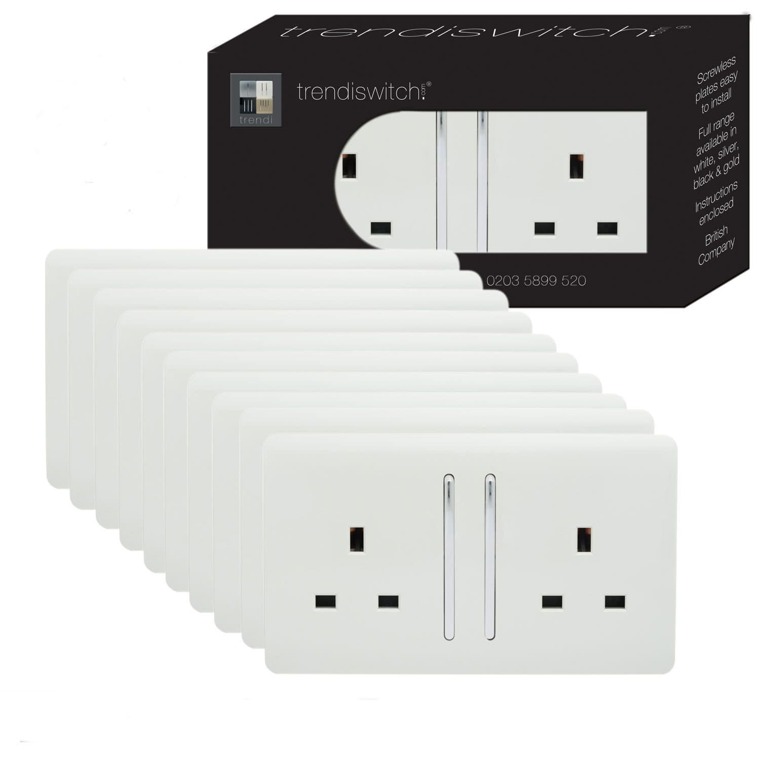 Trendi Switch 2 Gang Artistic Modern Glossy 13 Amp Electrical Long Switched Double Plug Socket White x10