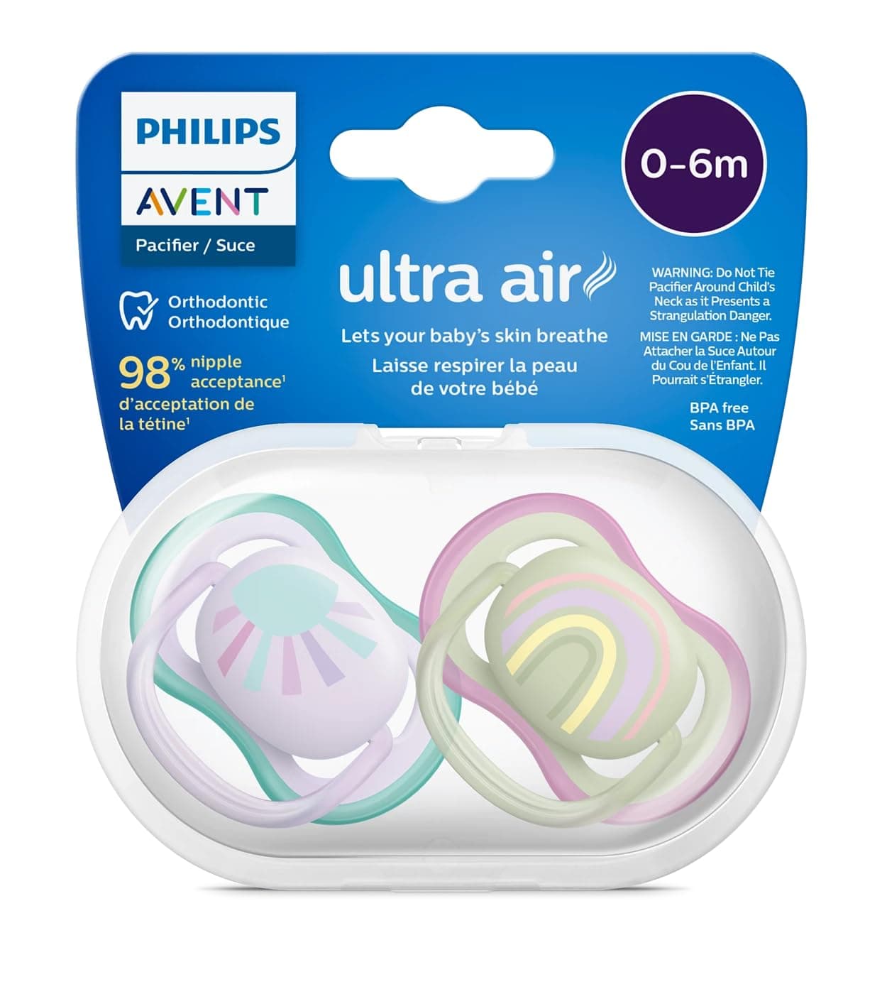Philips Avent Ultra Air Soother - 2 x Light, Breathable Baby Soothers for Babies Aged 0‑6 Months, BPA-Free with Steriliser Carry Case (SCF085/59)