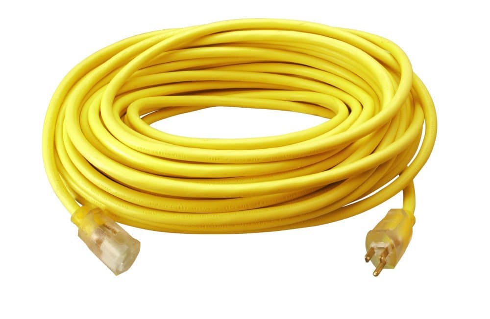 Southwire Outdoor Extension Cord – Durable Vinyl Jacket for For Farm, Ranch & Workshop - Lighted End With Reinforced Blades - SJTW, Yellow - 12 Gauge, 3 Prong - 100 Feet