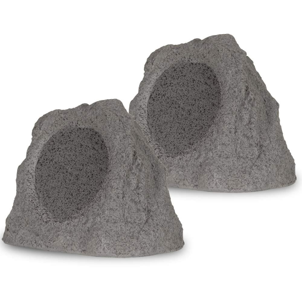 Theater Solutions RK8GBT Powered Bluetooth Outdoor Granite Grey 8" Rock Speaker Pair with Dual Connection Options, Gray