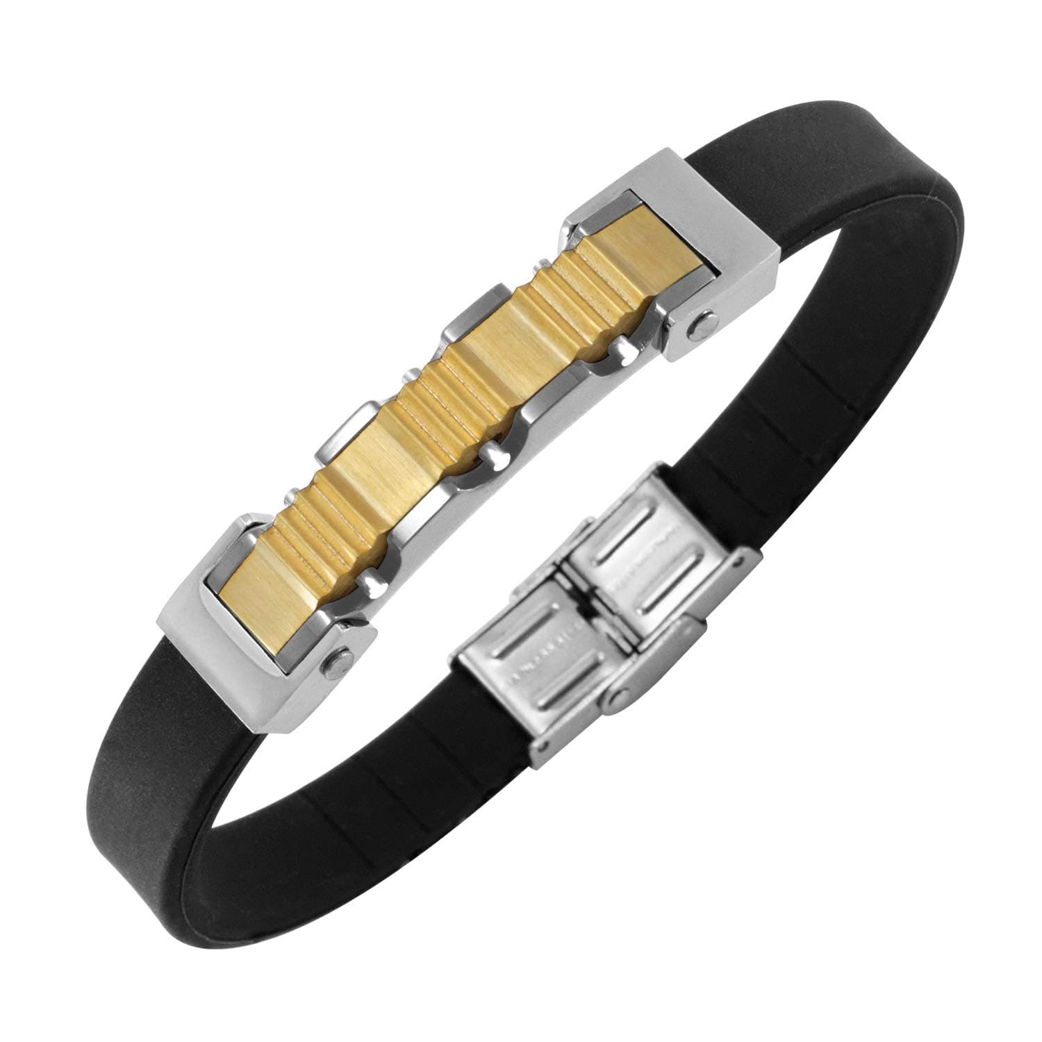 555Jewelry Stainless Steel Plate & Black Soft Rubber Cuff Bracelet for Men, L, Metal, no gemstone