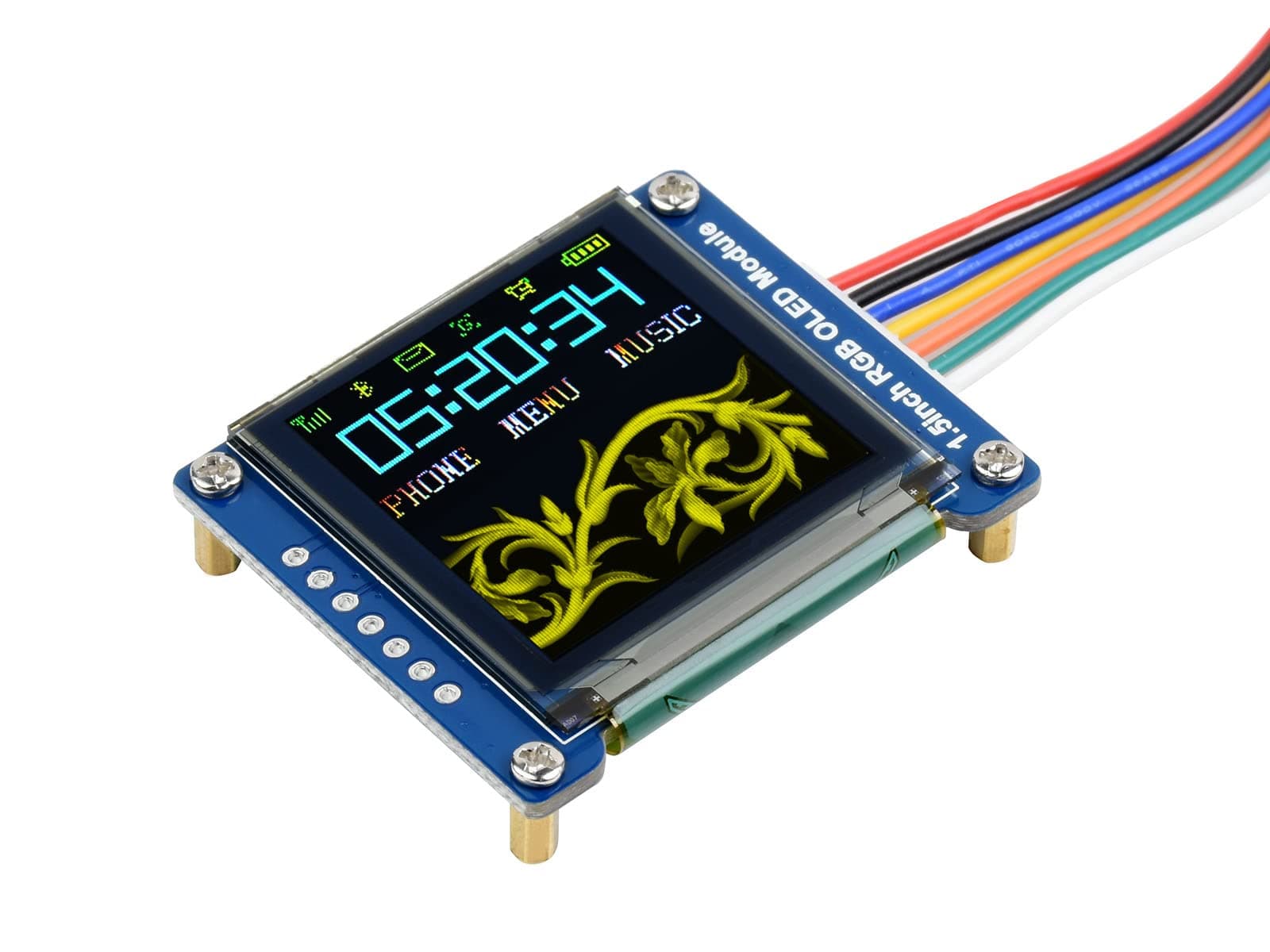 waveshare 1.5inch RGB OLED Display Module 128x128 Pixels 16-bit High Color (65K Colors) with Embedded Controller Communicating via SPI Interface.