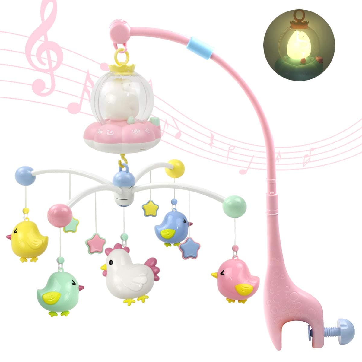 MARUMINEBaby Musical Crib Mobile with Night Light and Music, Hanging Rotate Rattles, Multifunctional Music Box, Toy for Newborn 0-24 Months Infant Boys Girls Sleep (Pink)