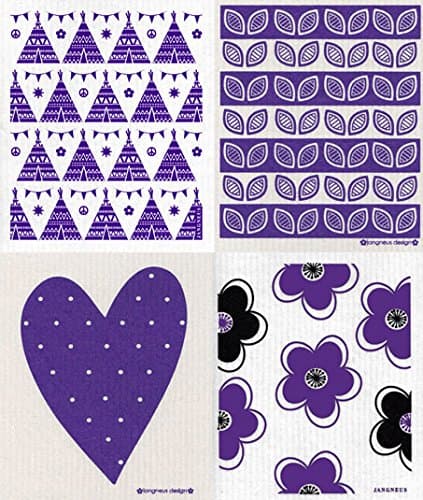 Trendy Tripper JANGNEUS Swedish Dishcloth - Set (PL) of 4 Purple Flowers, Leaves, Heart, Tipi