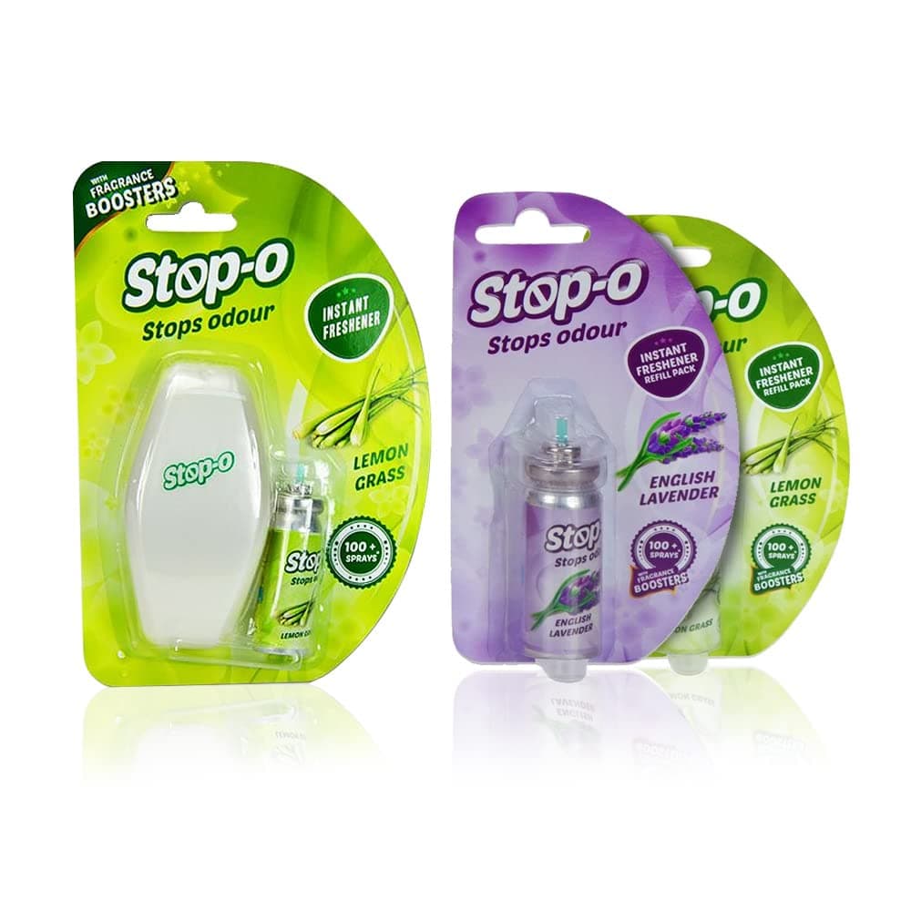 Stop-O One Touch Power Spray, Instant Bathroom/Toilet Freshener with Lemongrass and English Lavender Fragrance Refill, Lasts for 100 Sprays (1 Dispenser + 3 Refills)